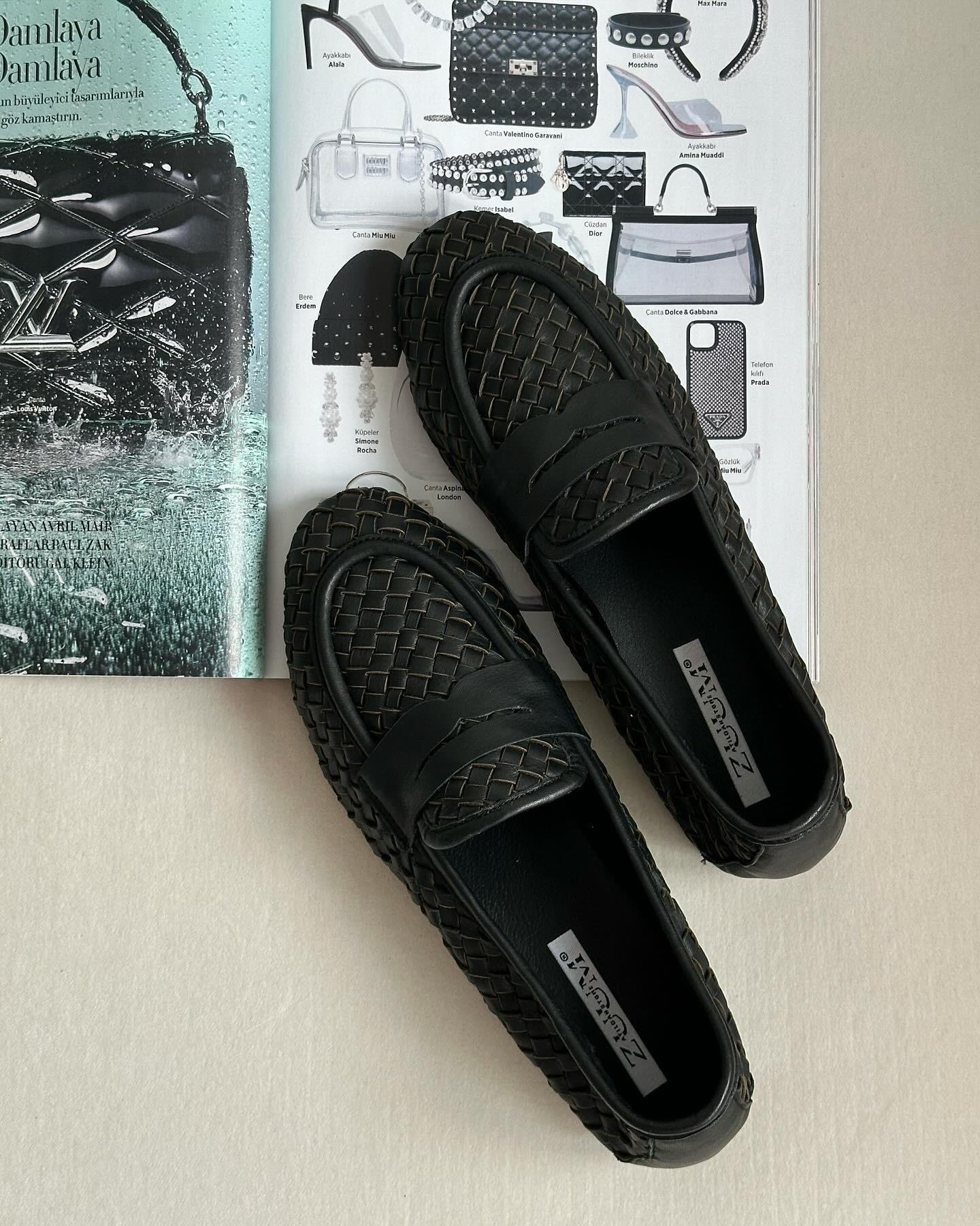 ZUUMMakosen & OxfordSista % 100 Hakiki Deri Örgü Kadın Loafer - Siyah Deri