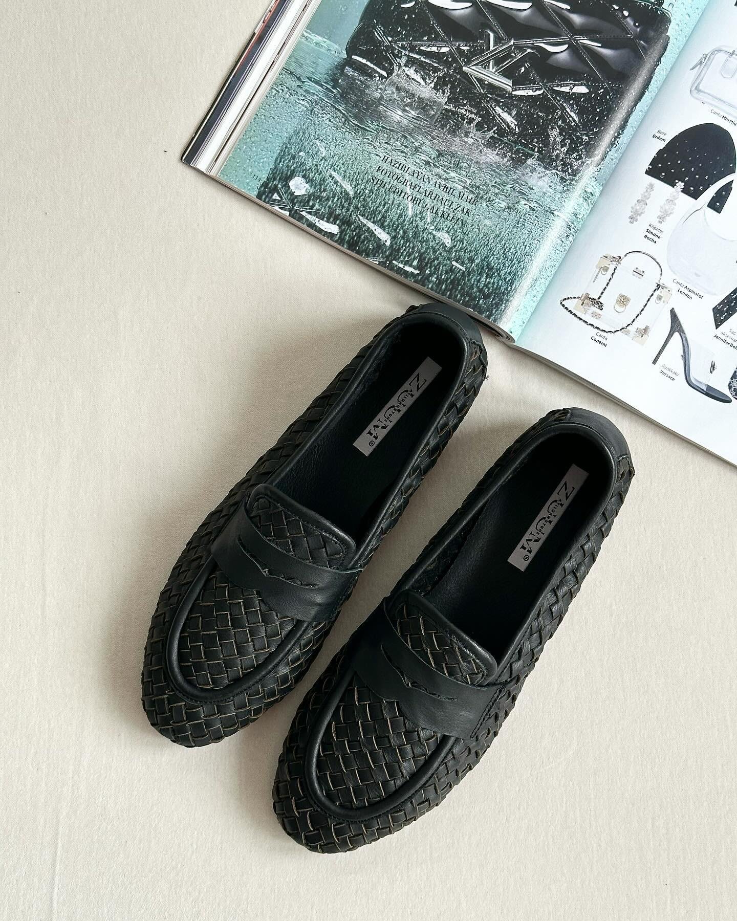 ZUUMMakosen & OxfordSista % 100 Hakiki Deri Örgü Kadın Loafer - Siyah Deri