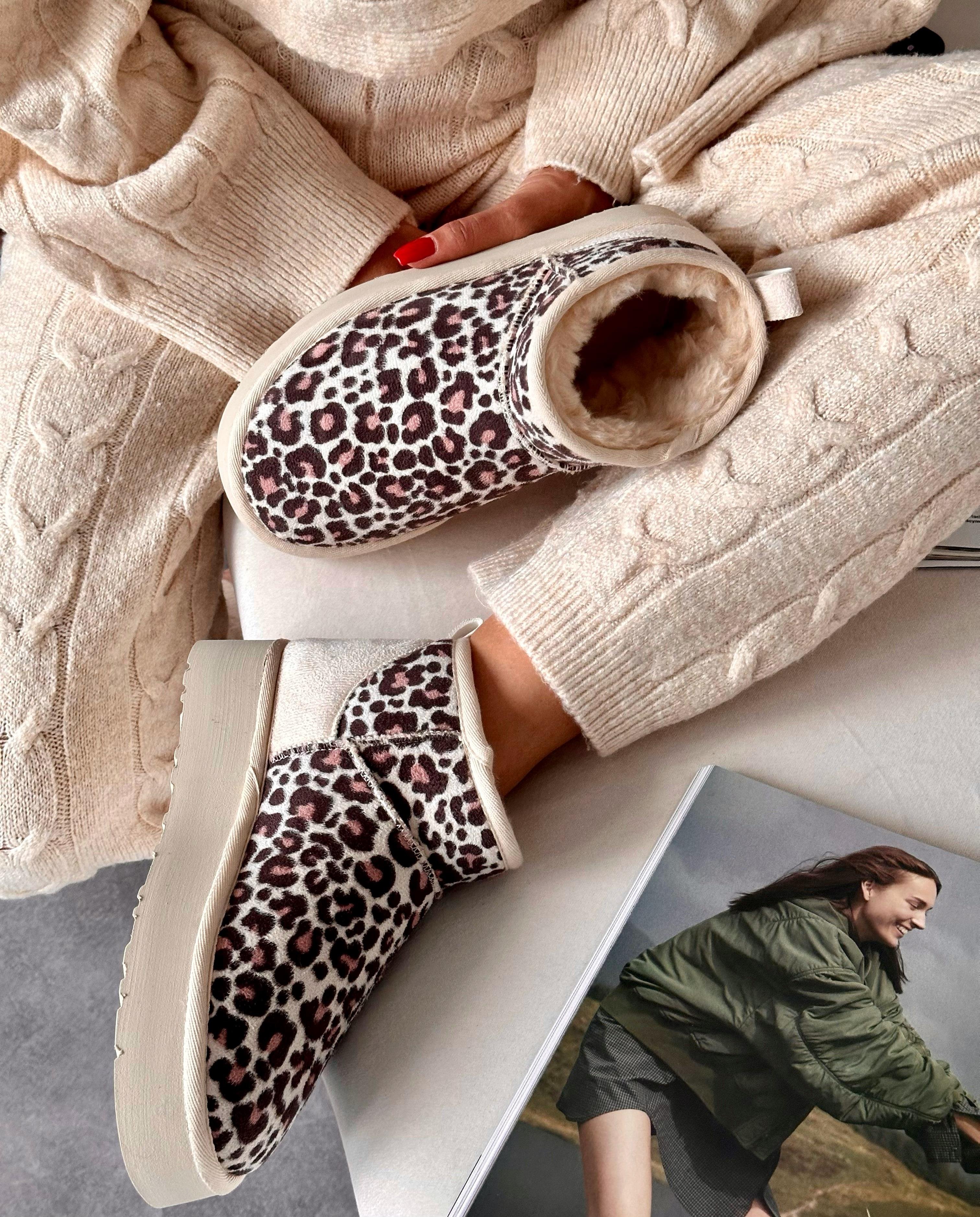 ZUUMBOT & ÇİZMEStorm Mini Boy Kalın Taban UGG Style Kadın Bot - Bej Leopar