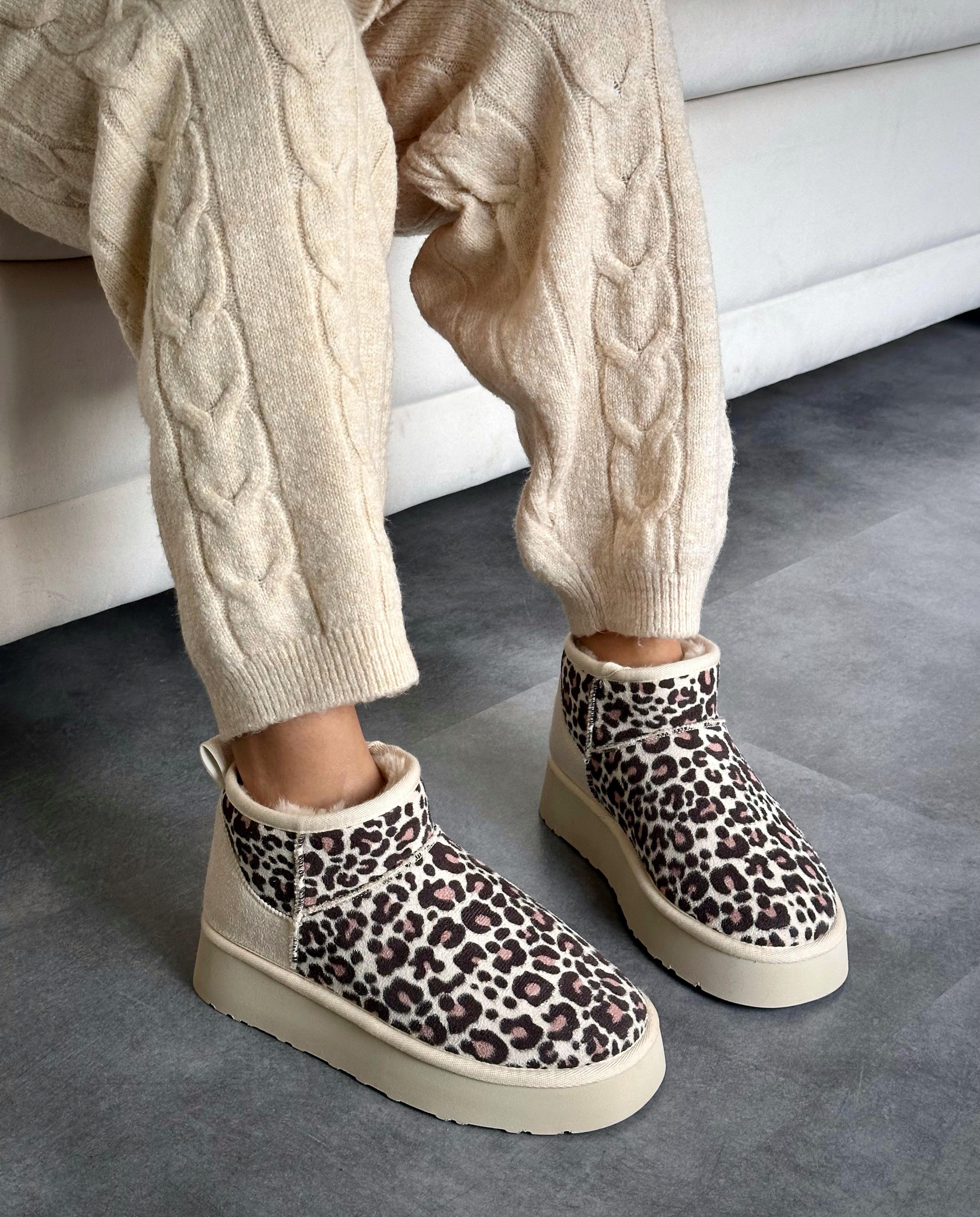 ZUUMBOT & ÇİZMEStorm Mini Boy Kalın Taban UGG Style Kadın Bot - Bej Leopar
