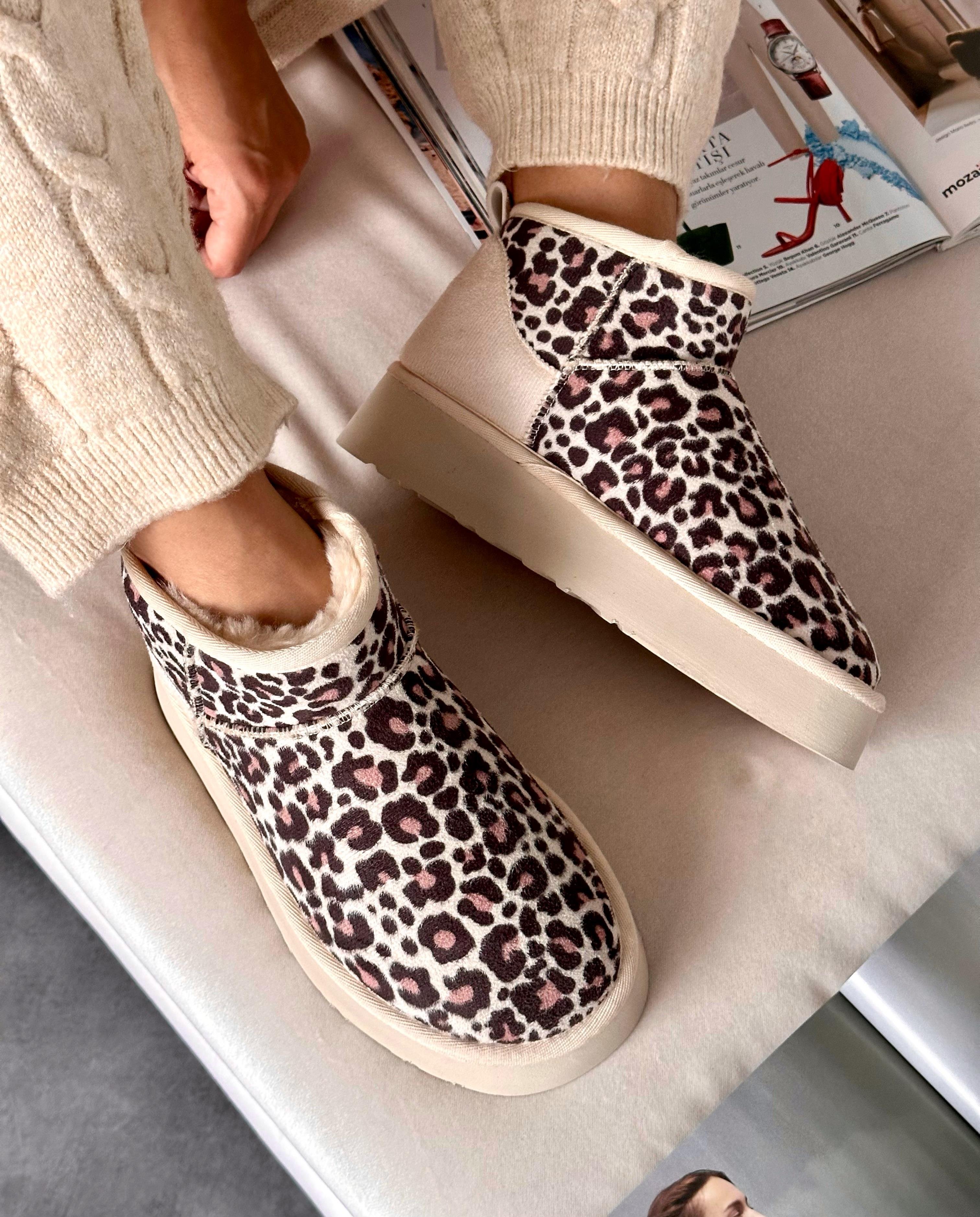 ZUUMBOT & ÇİZMEStorm Mini Boy Kalın Taban UGG Style Kadın Bot - Bej Leopar