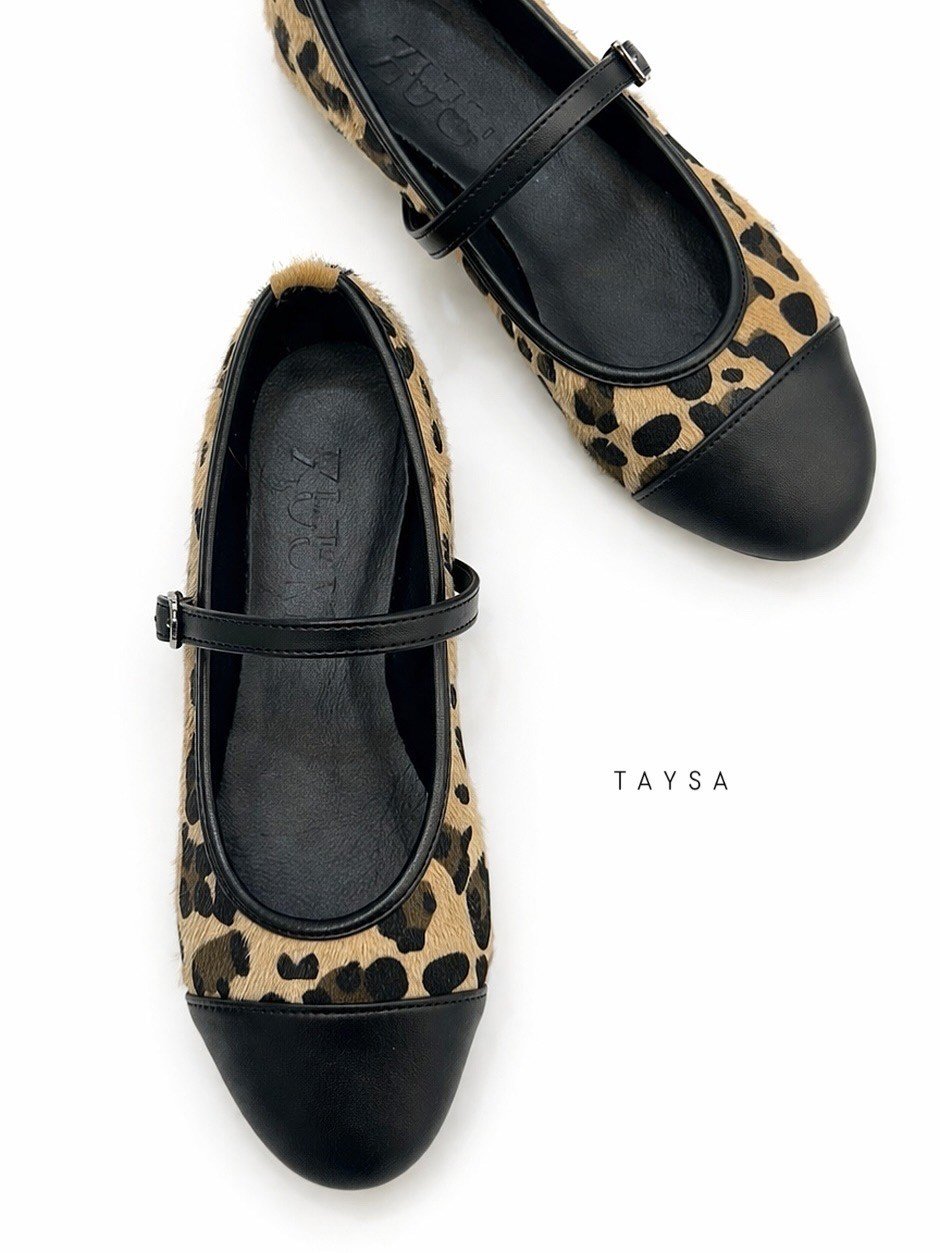ZUUMBABET & ESPADRİLTaysa Mary Jane Kadın Balerin Babet - Leopar & Siyah Cilt