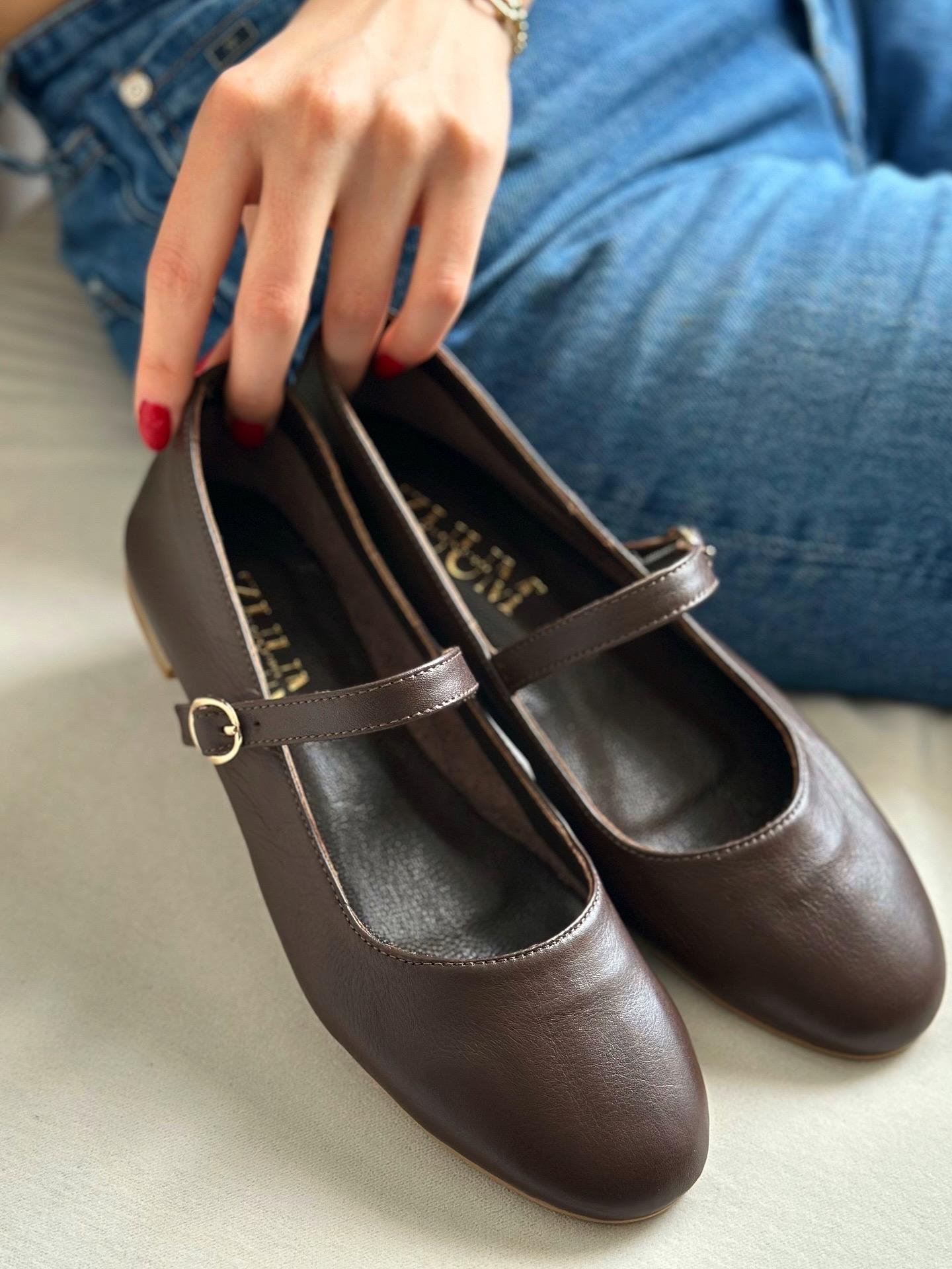 ZUUMBABET & ESPADRİLTeo % 100 Hakiki Süet Mary Jane Kadın Balerin Babet - Kahve Deri