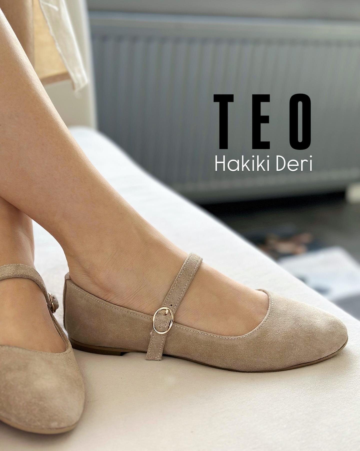 ZUUMBABET & ESPADRİLTeo % 100 Hakiki Süet Mary Jane Kadın Balerin Babet - Bej Süet