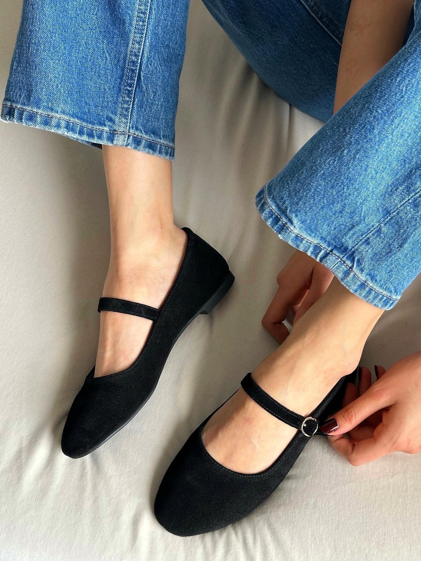 ZUUMBABET & ESPADRİLTeo % 100 Hakiki Süet Mary Jane Kadın Balerin Babet - Siyah Süet