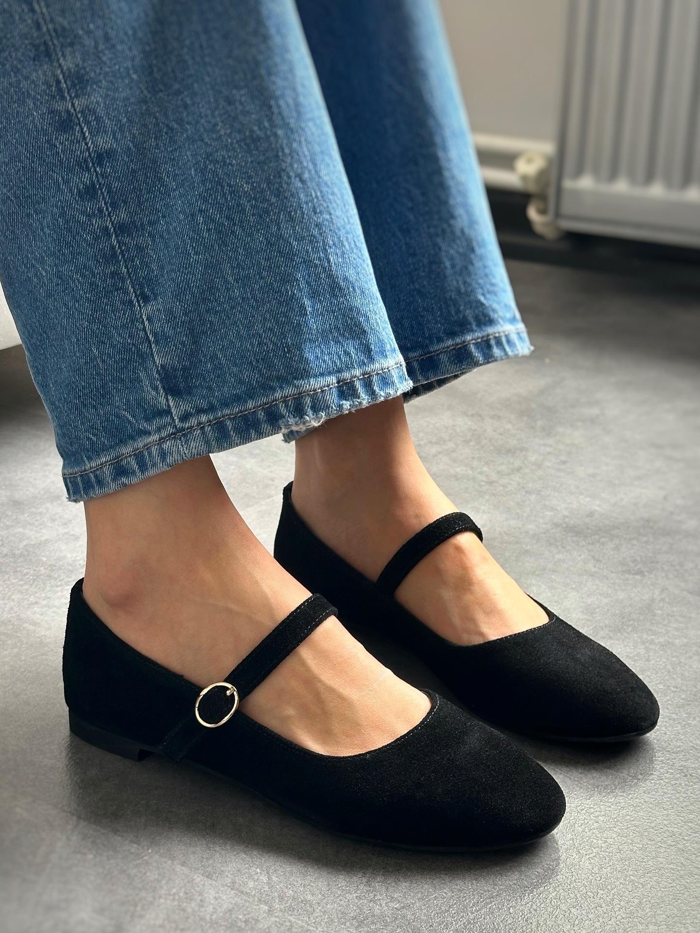 ZUUMBABET & ESPADRİLTeo % 100 Hakiki Süet Mary Jane Kadın Balerin Babet - Siyah Süet