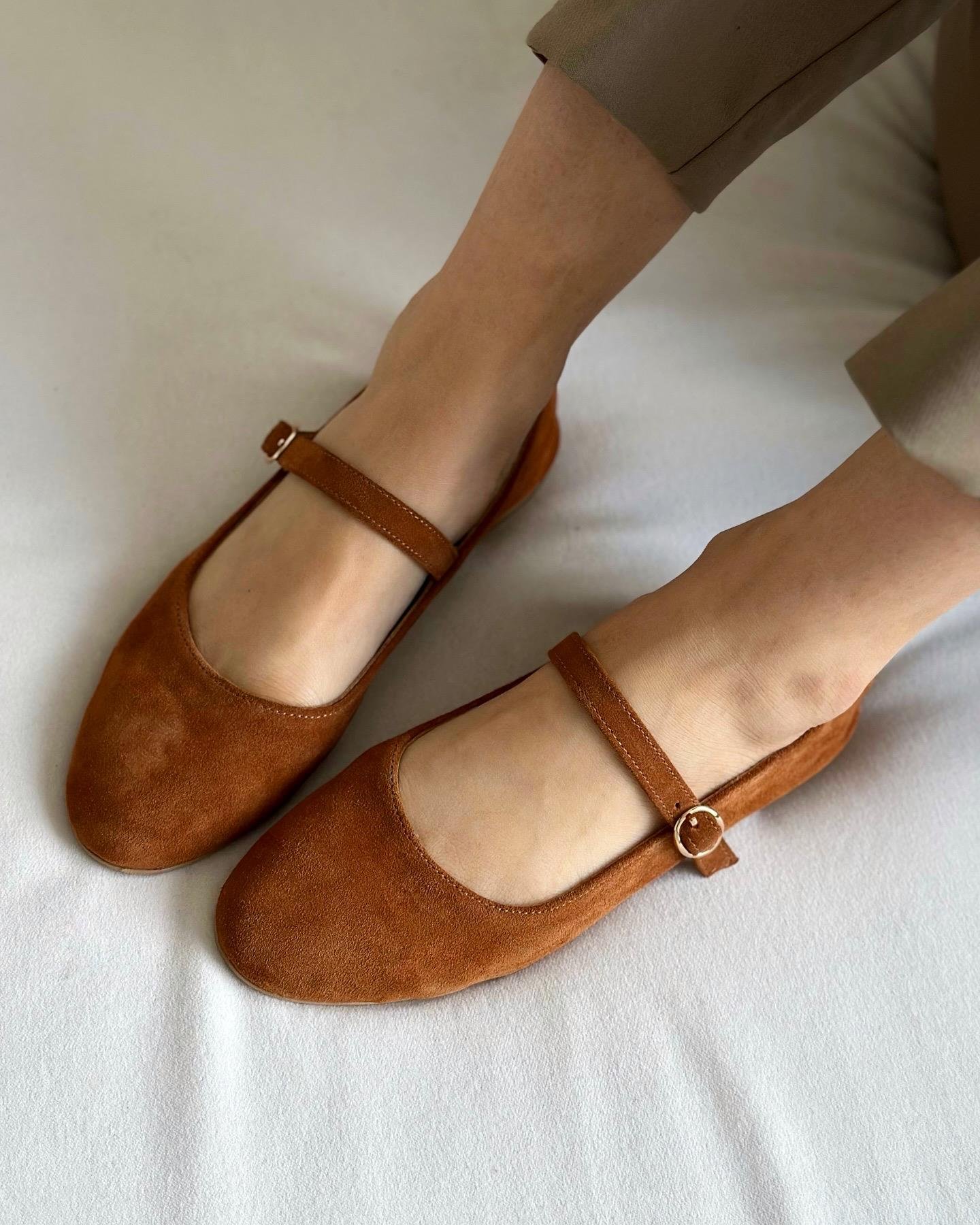 ZUUMBABET & ESPADRİLTeo % 100 Hakiki Süet Mary Jane Kadın Balerin Babet - Taba Süet