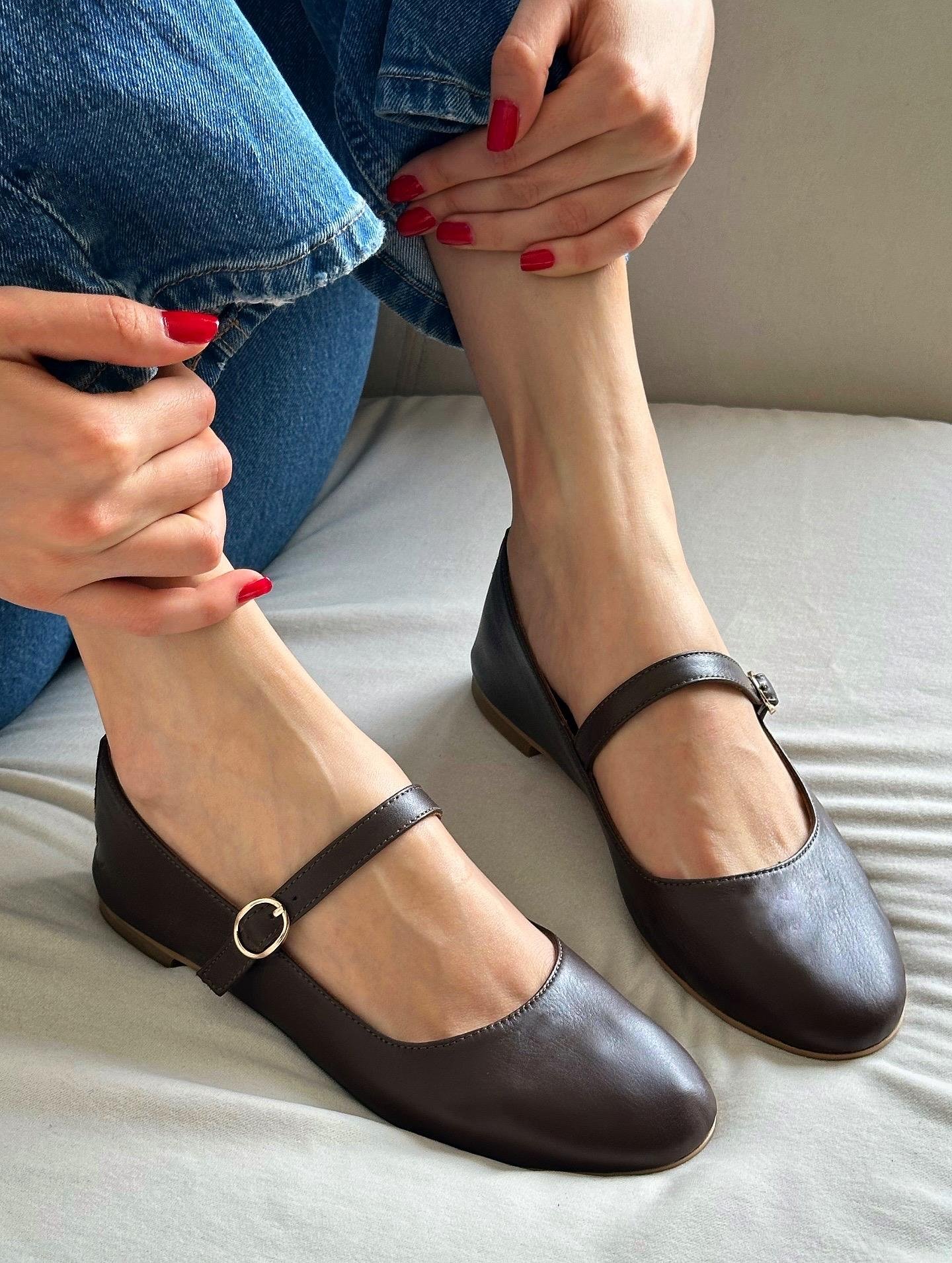 ZUUMBABET & ESPADRİLTeo % 100 Hakiki Süet Mary Jane Kadın Balerin Babet - Kahve Deri
