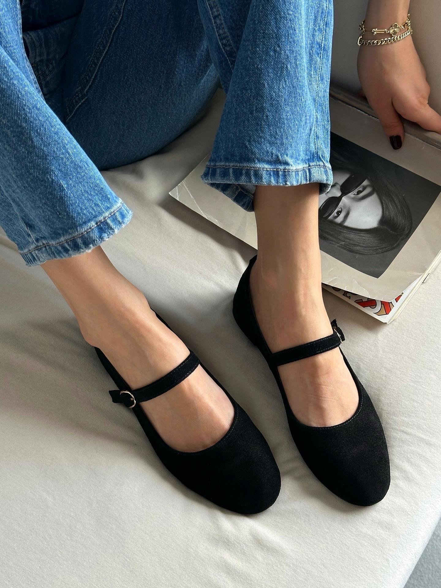 ZUUMBABET & ESPADRİLTeo % 100 Hakiki Süet Mary Jane Kadın Balerin Babet - Siyah Süet
