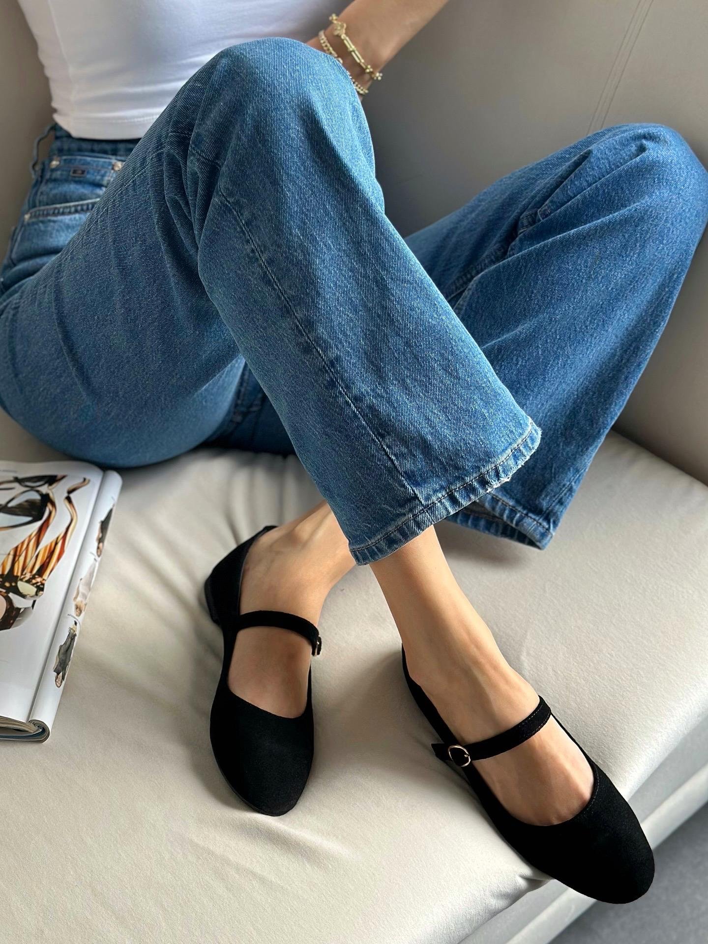 ZUUMBABET & ESPADRİLTeo % 100 Hakiki Süet Mary Jane Kadın Balerin Babet - Siyah Süet