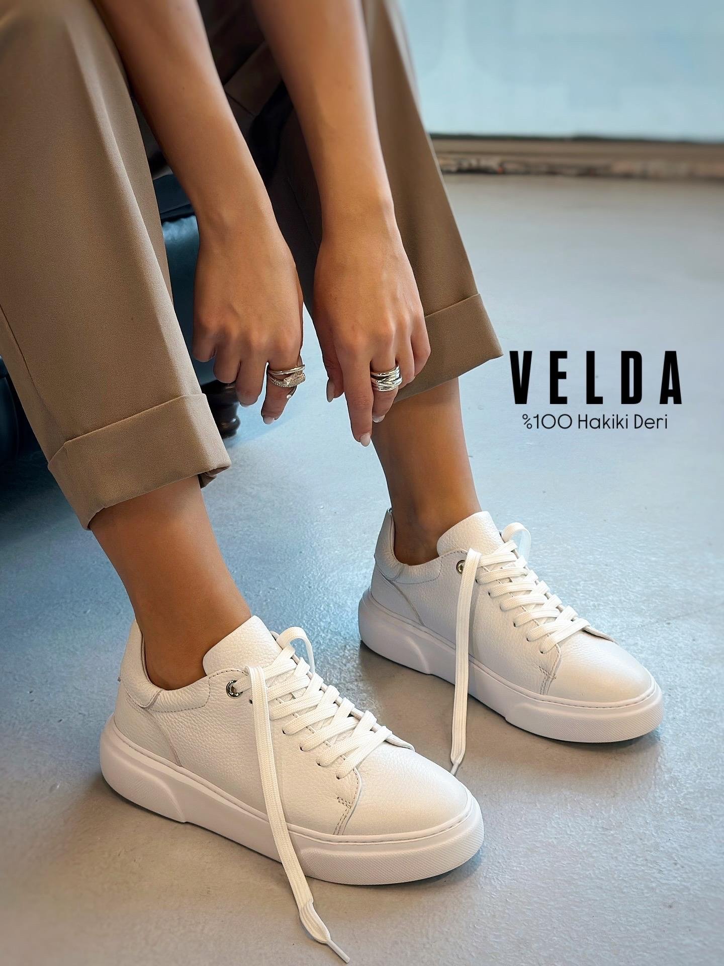 ZUUMSNEAKERVelda % 100 Hakiki Deri Bağcıklı Sneaker - Beyaz Deri