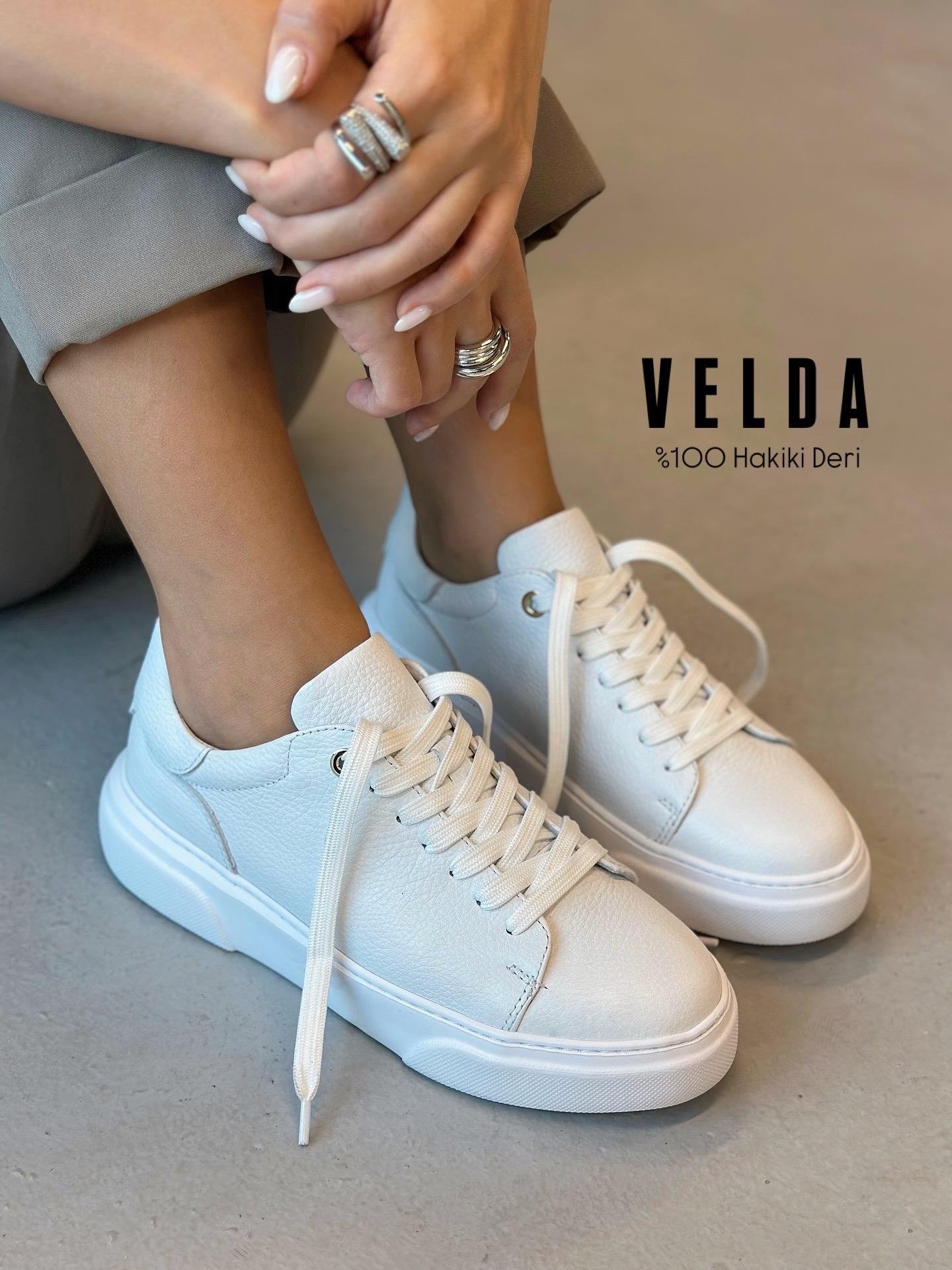 ZUUMSNEAKERVelda % 100 Hakiki Deri Bağcıklı Sneaker - Beyaz Deri