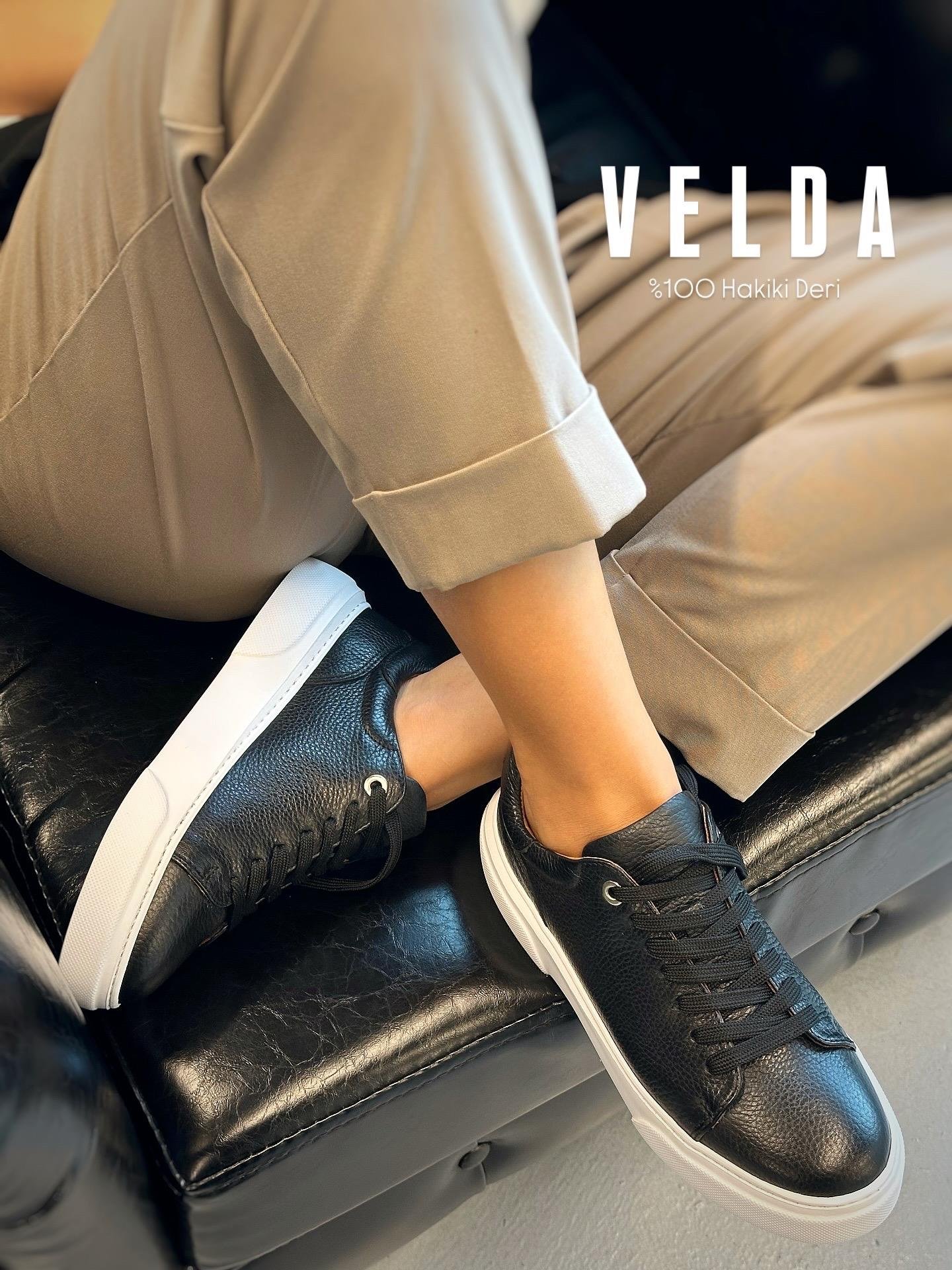 ZUUMSNEAKERVelda % 100 Hakiki Deri Bağcıklı Sneaker - Siyah Deri
