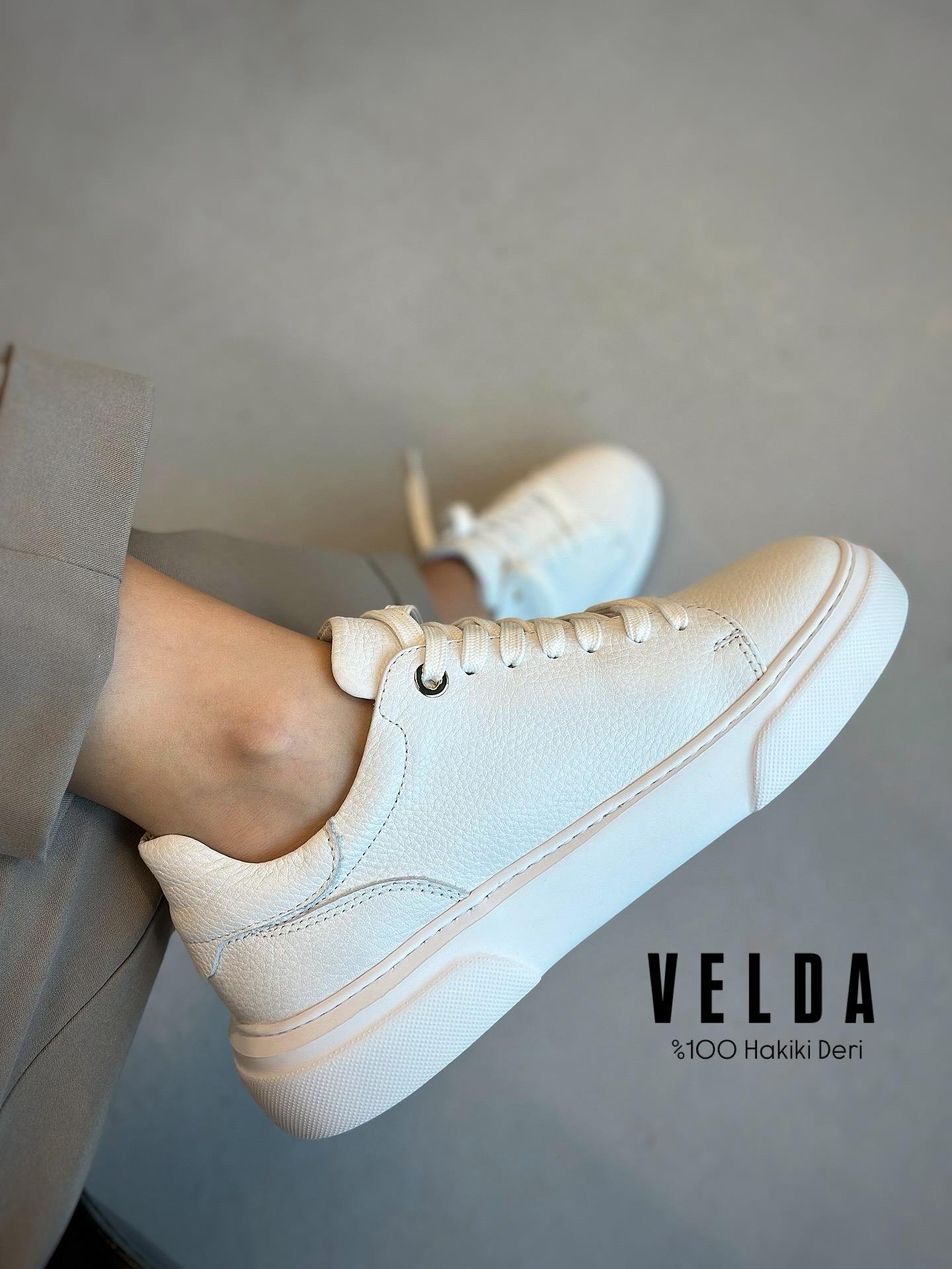 ZUUMSNEAKERVelda % 100 Hakiki Deri Bağcıklı Sneaker - Beyaz Deri