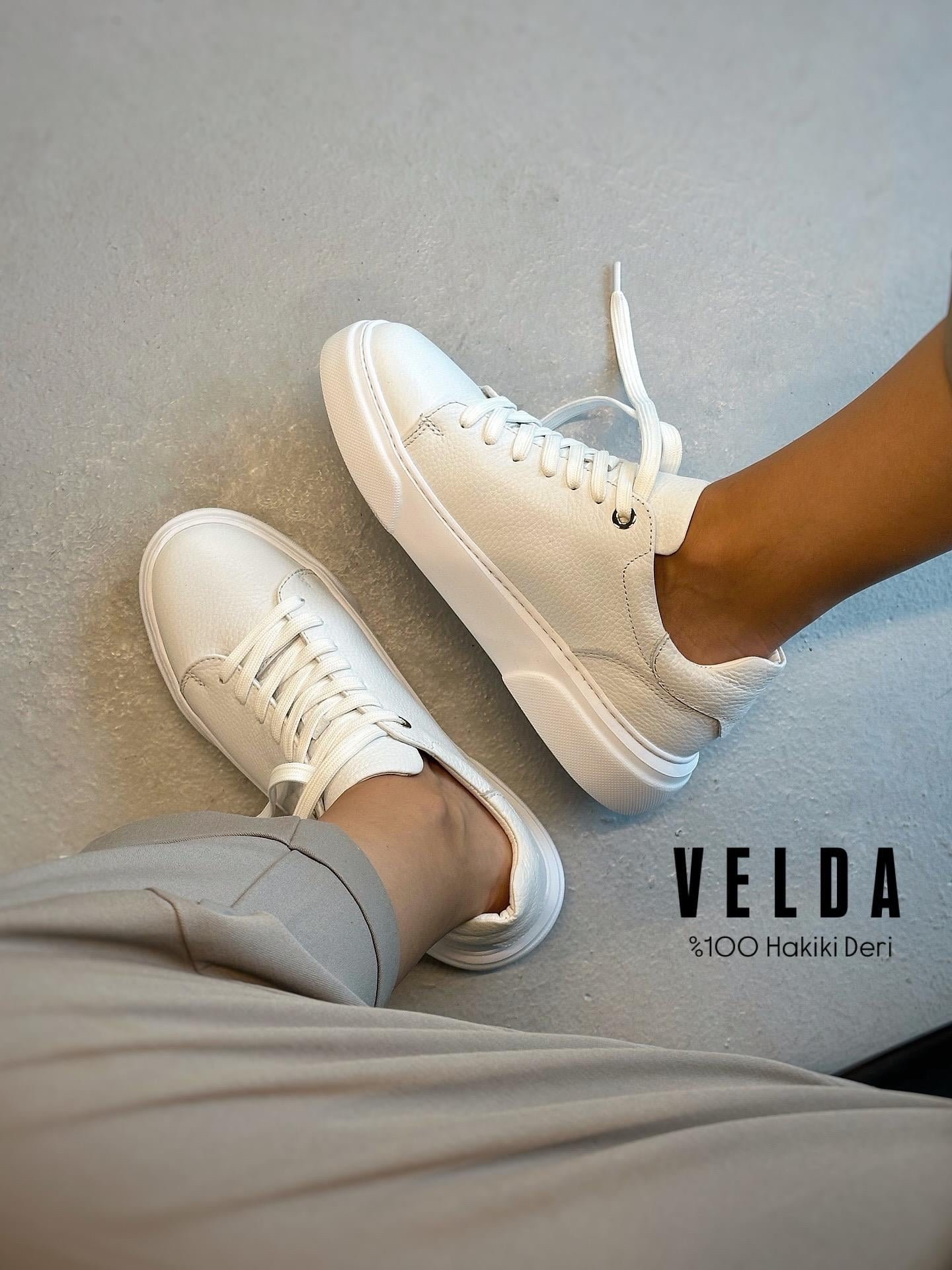 ZUUMSNEAKERVelda % 100 Hakiki Deri Bağcıklı Sneaker - Beyaz Deri