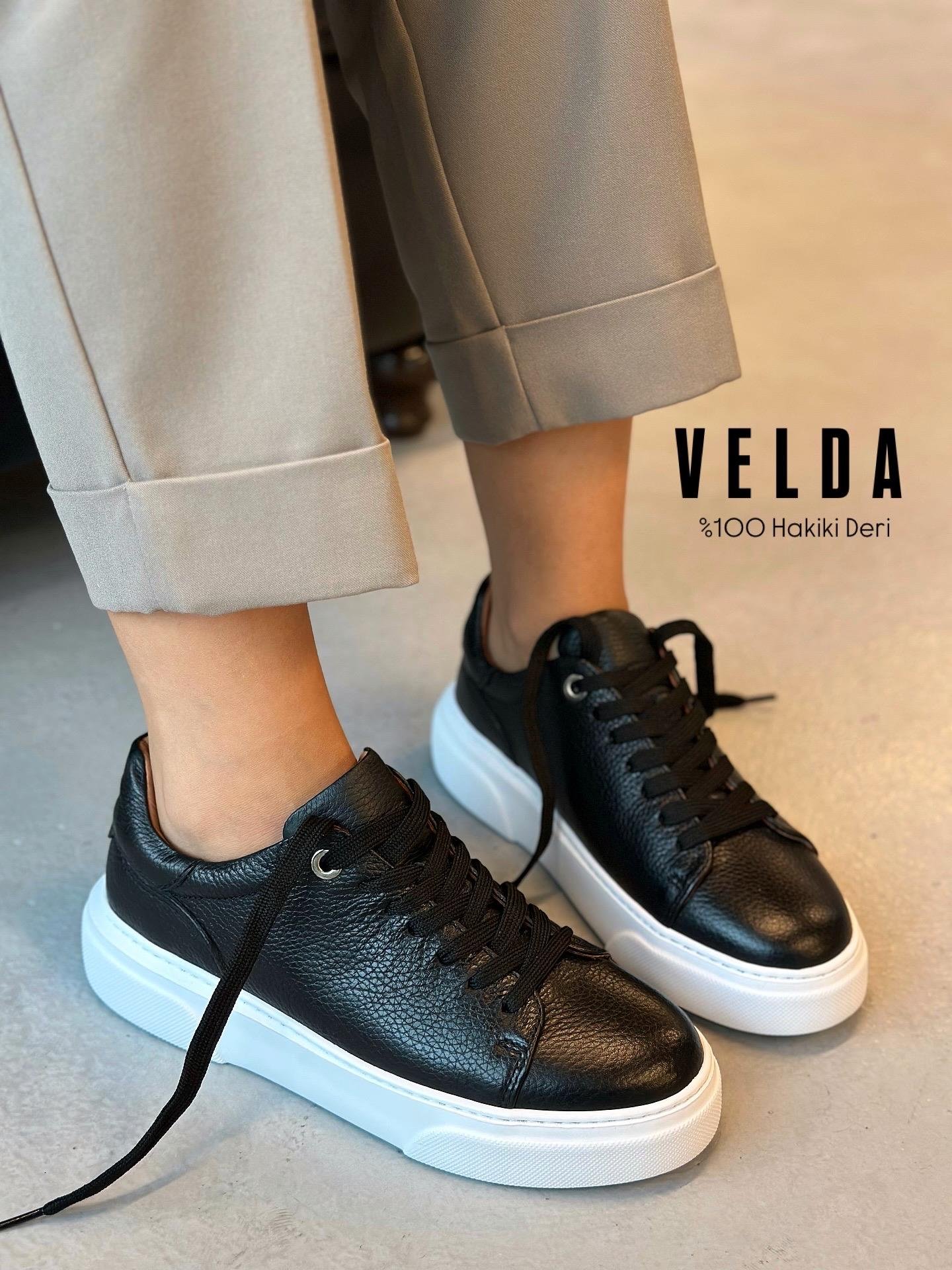 ZUUMSNEAKERVelda % 100 Hakiki Deri Bağcıklı Sneaker - Siyah Deri