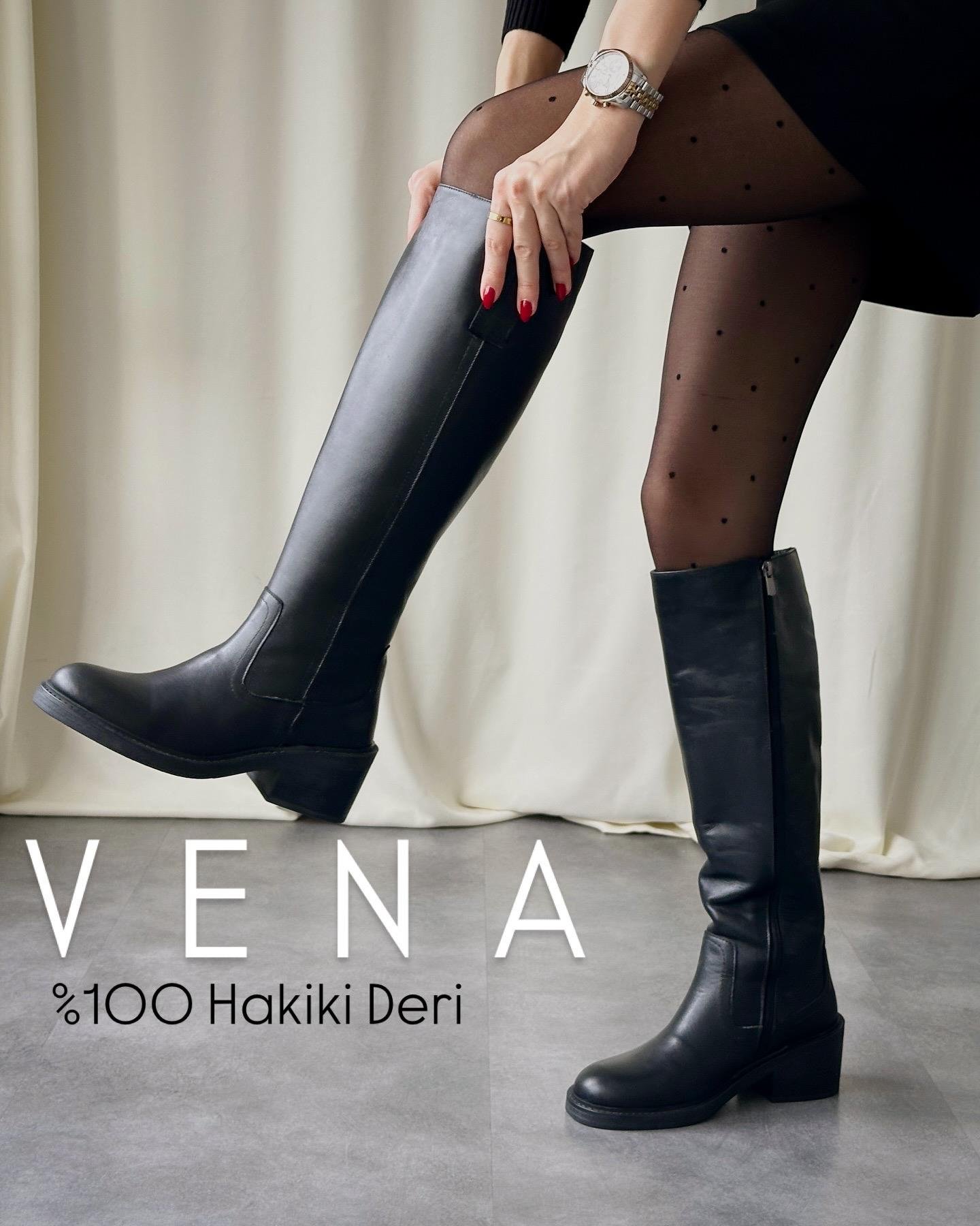 ZUUMBOT & ÇİZMEVena % 100 Hakiki Deri Dizaltı Kadın Çizme - Siyah Deri