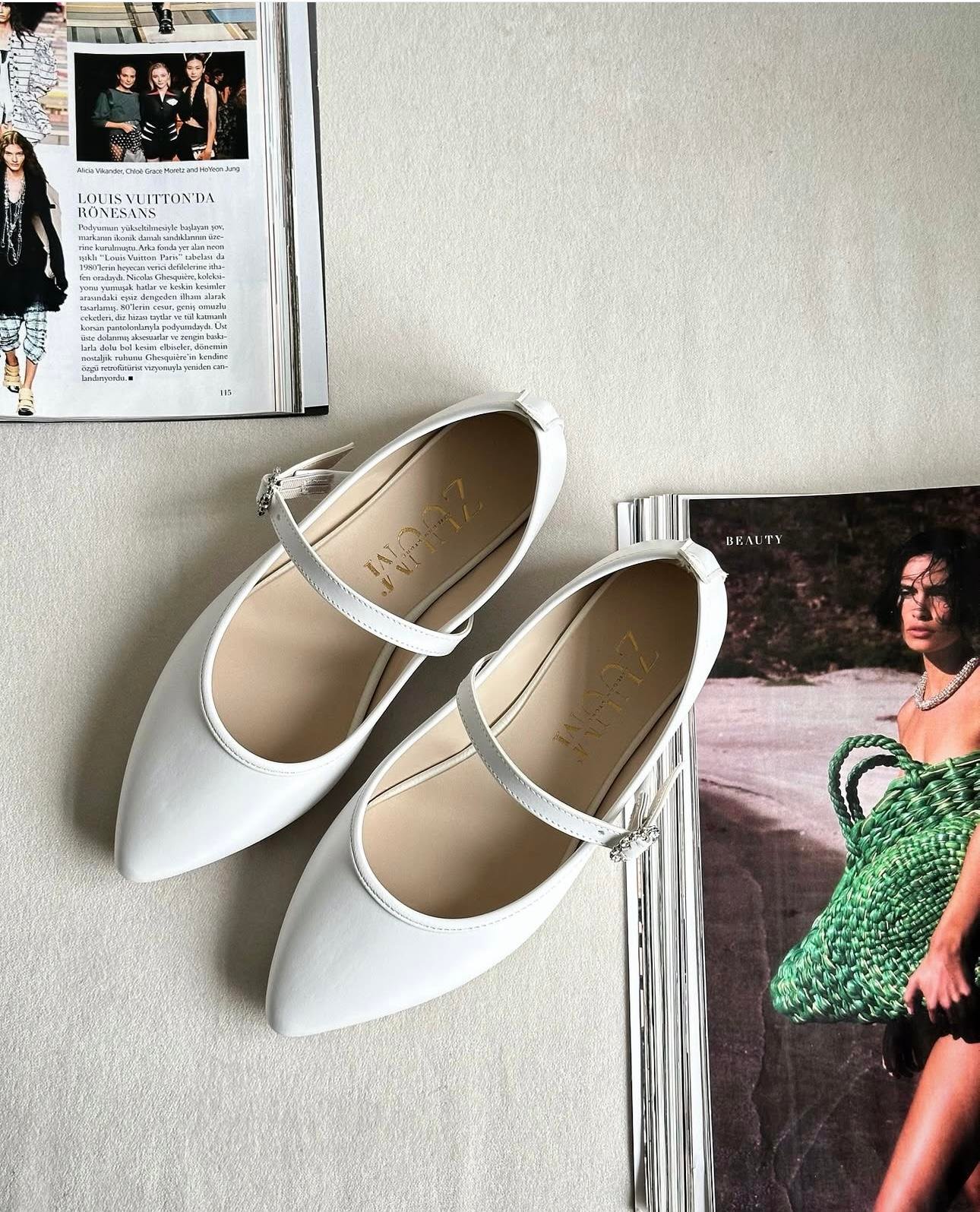 ZUUMBABET & ESPADRİLZalen Sivri Burun Marry Jane Style Kadın Babet - Beyaz Cilt