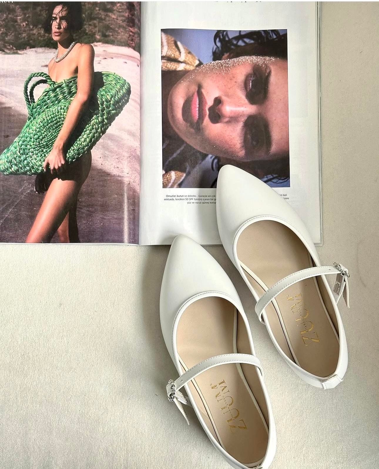 ZUUMBABET & ESPADRİLZalen Sivri Burun Marry Jane Style Kadın Babet - Beyaz Cilt