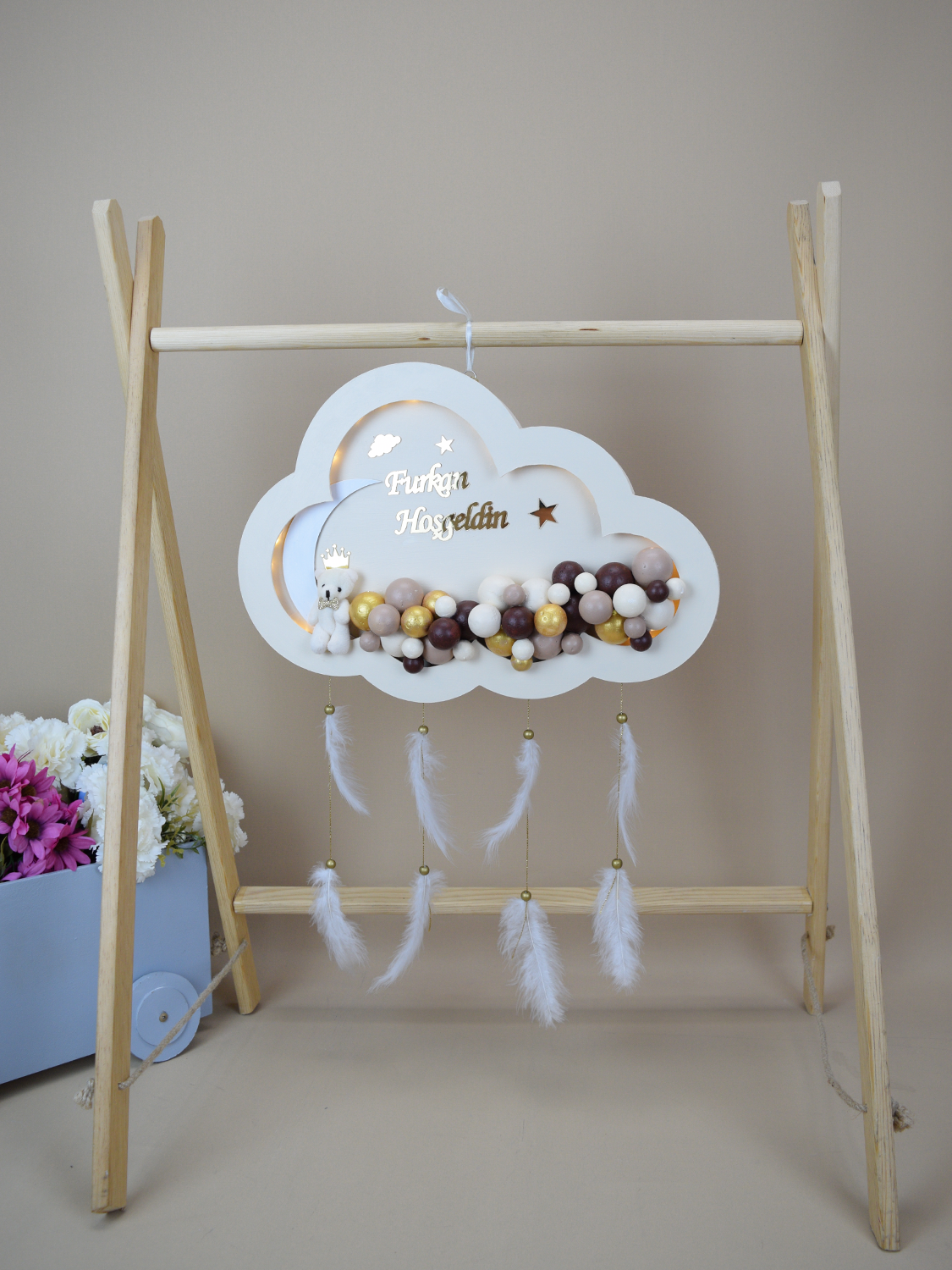 Ana Kuzusu İsme Özel Ahşap Ledli  Bulut Kapı Süsü 45 Cm 1KPS77