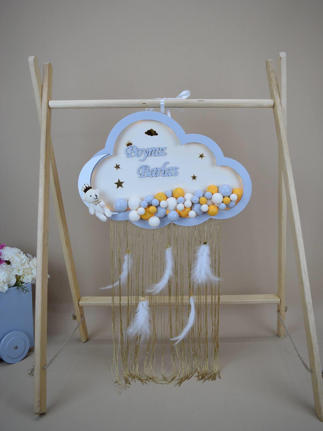 Ana Kuzusu İsme Özel Ahşap Ledli  Bulut Kapı Süsü Püskül Ekleme1KPL68