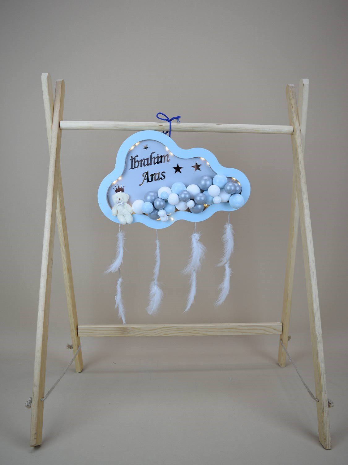 Ana Kuzusu İsme Özel Ahşap Ledli  Bulut Kapı Süsü 1KPL68