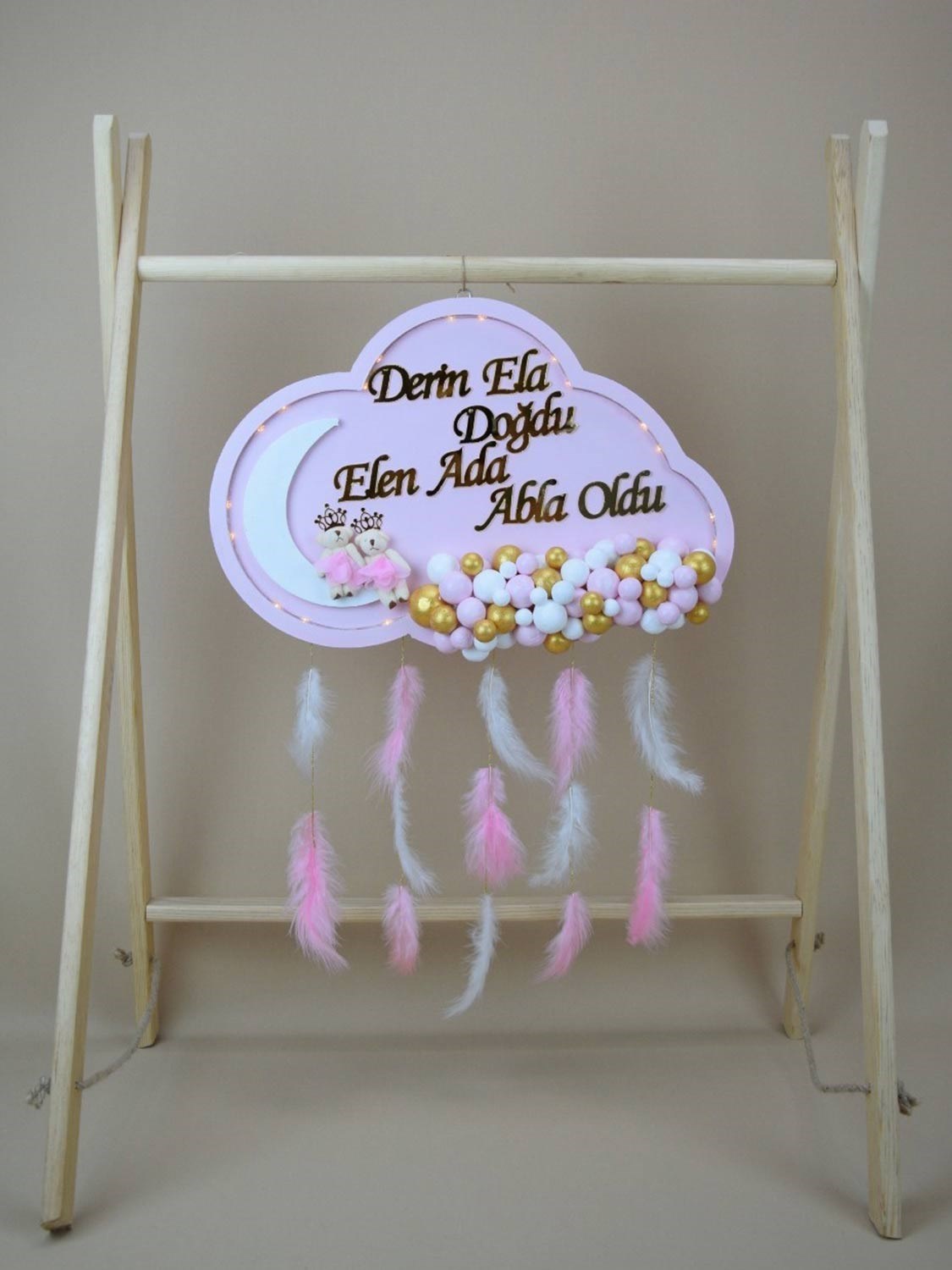 Ana Kuzusu İsme Özel Ahşap Ledli  Bulut Kapı Süsü 1KPL26