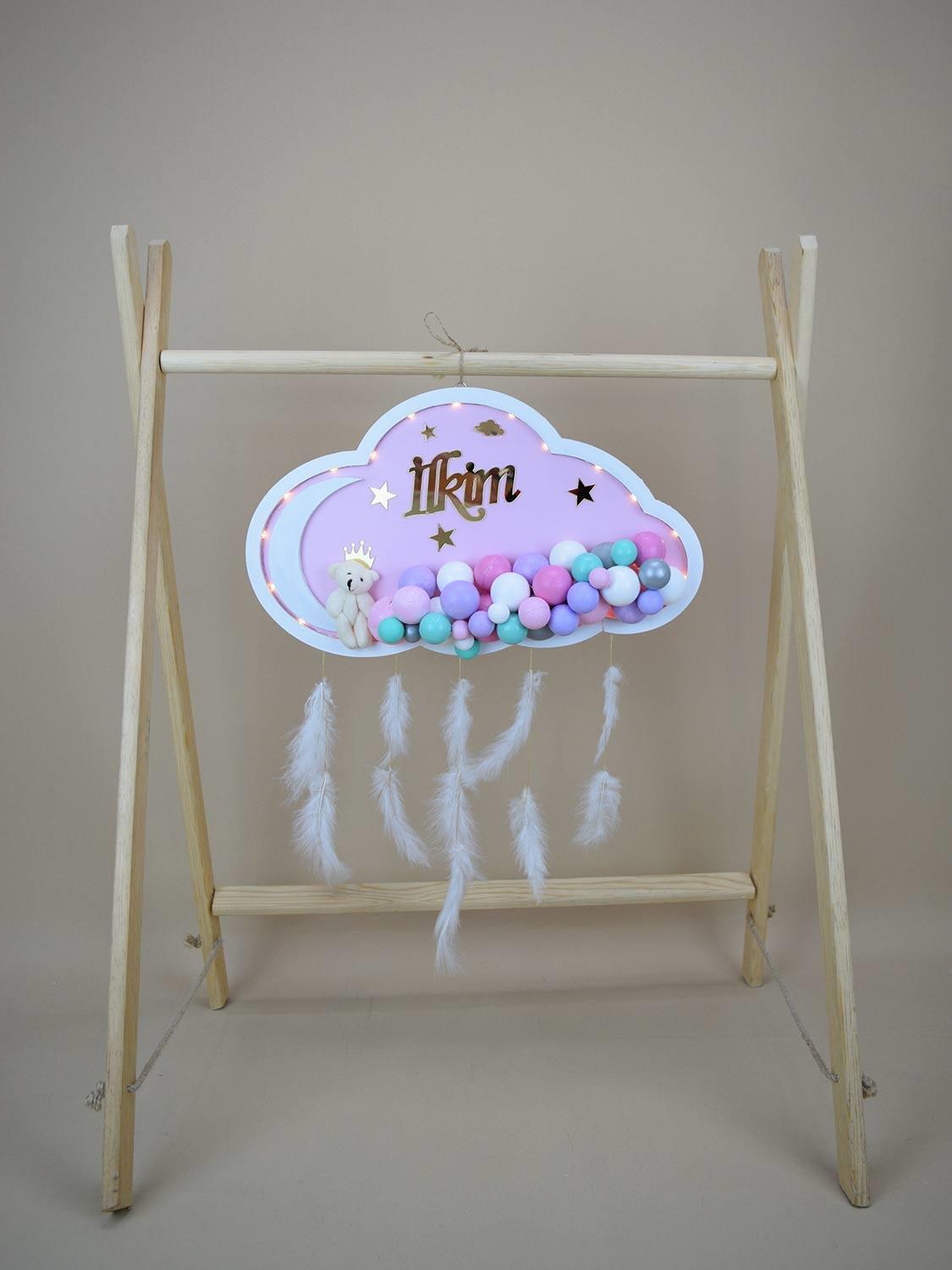 Ana Kuzusu İsme Özel Ahşap Ledli  Bulut Kapı Süsü 1KPL68