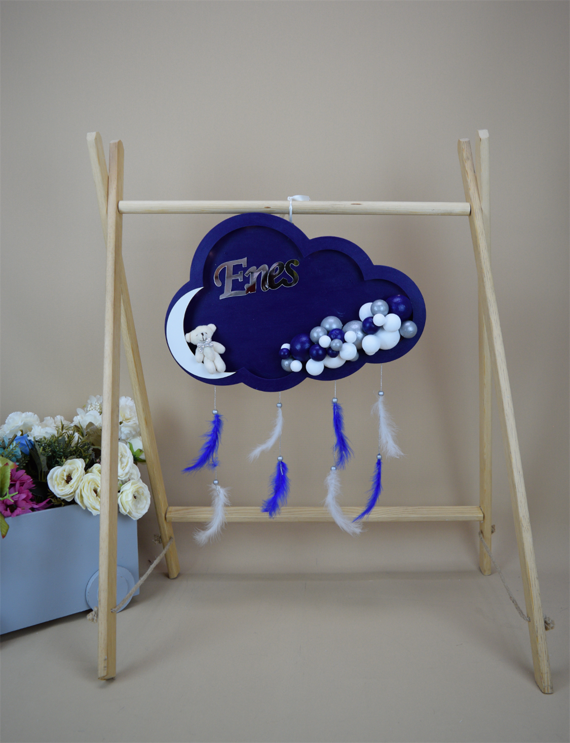 Ana Kuzusu İsme Özel Ahşap Ledli  Bulut Kapı Süsü 45 Cm 1KPL50