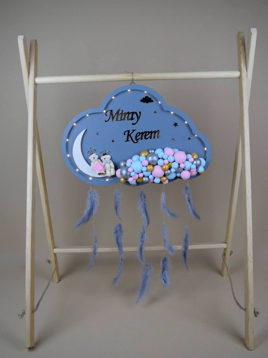 Ana Kuzusu İsme Özel Ahşap Ledli  Bulut Kapı Süsü 1KPL67