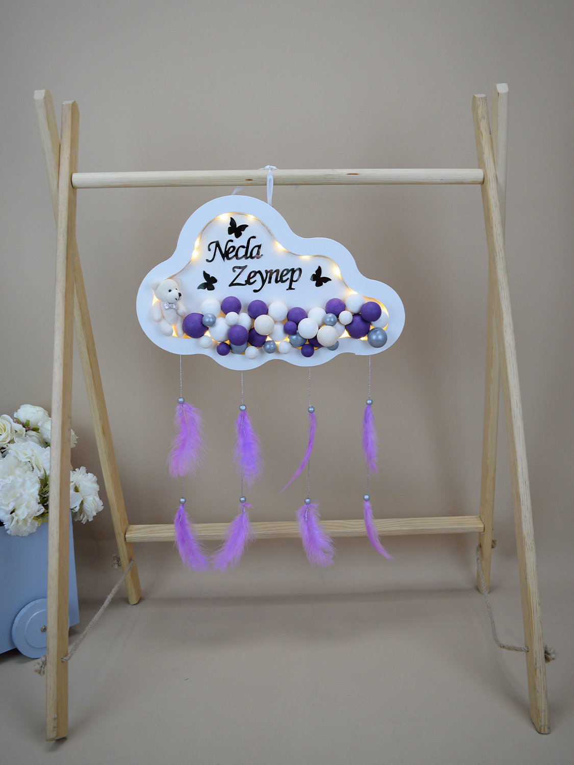 Ana Kuzusu İsme Özel Ahşap Ledli  Bulut Kapı Süsü 40 Cm 1KPL57