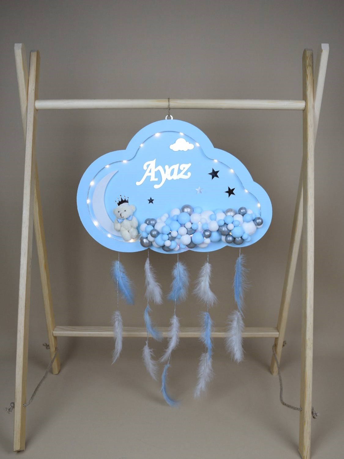 Ana Kuzusu İsme Özel Ahşap Ledli  Bulut Kapı Süsü 1KPL04