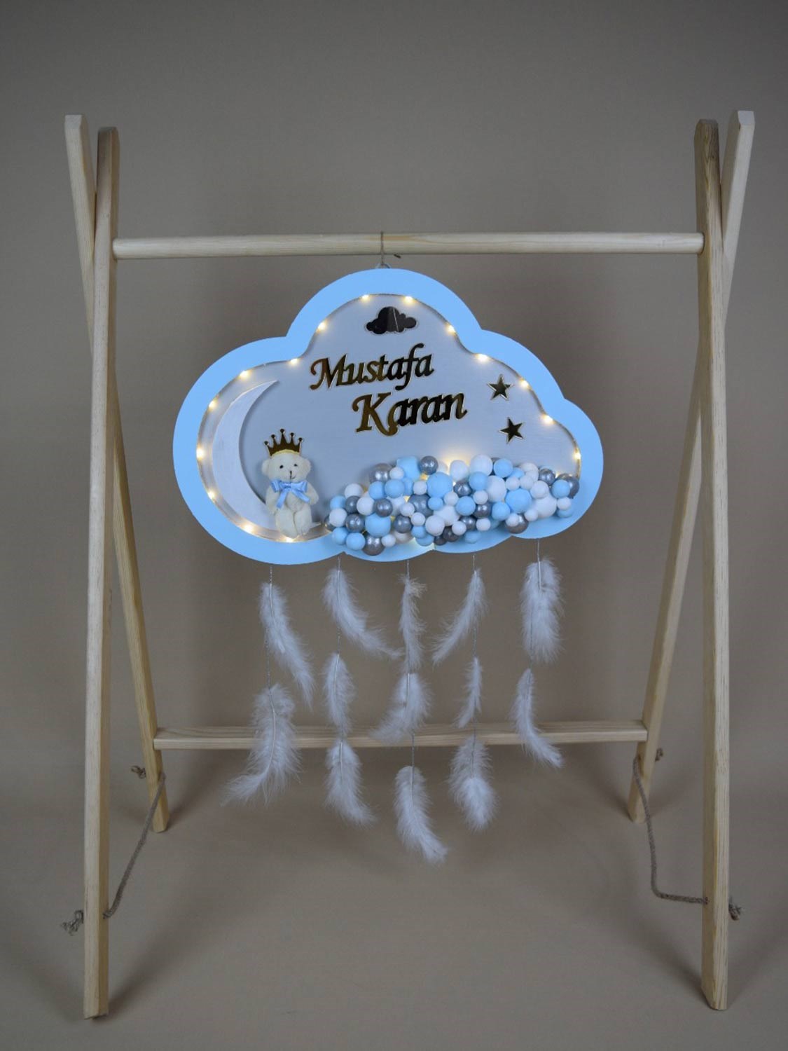 Ana Kuzusu İsme Özel Ahşap Ledli  Bulut Kapı Süsü 1KPL59