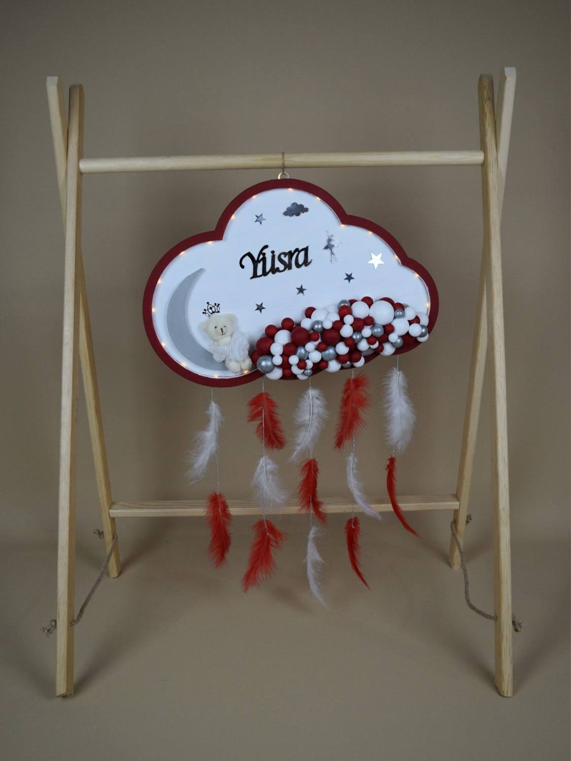 Ana Kuzusu İsme Özel Ahşap Ledli  Bulut Kapı Süsü 1KPG44