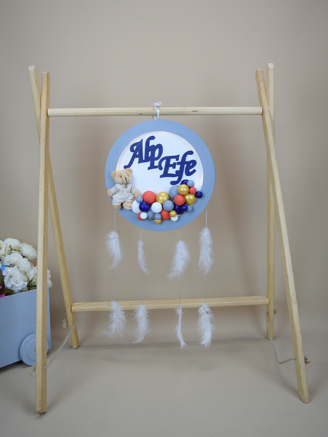 Ana Kuzusu İsme Özel Ahşap Ledli  Yuvarlak  Kapı Süsü 30 Cm 1KPS49