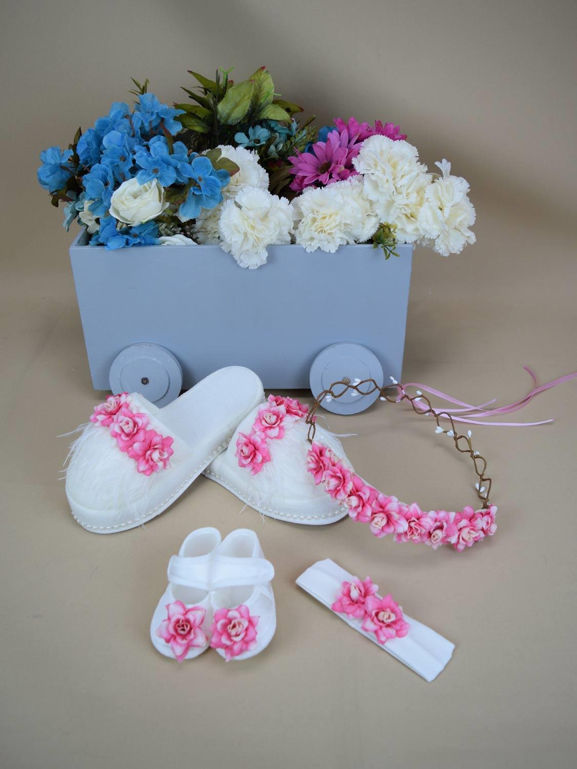 Ana Kuzusu Özel Tasarım Lohusa Taç Terlik Seti Patik Pembe Çiçek 4LTT05