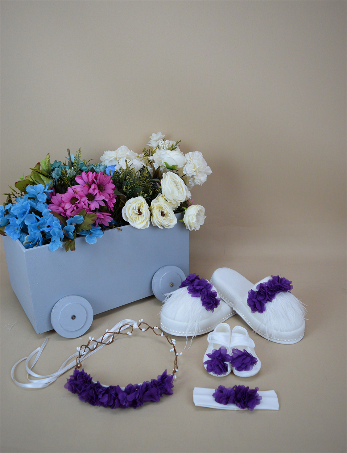 Ana Kuzusu Özel Tasarım Lohusa Taç Terlik Seti Patik Mor Lazer Kesim Çiçek 4LTT06