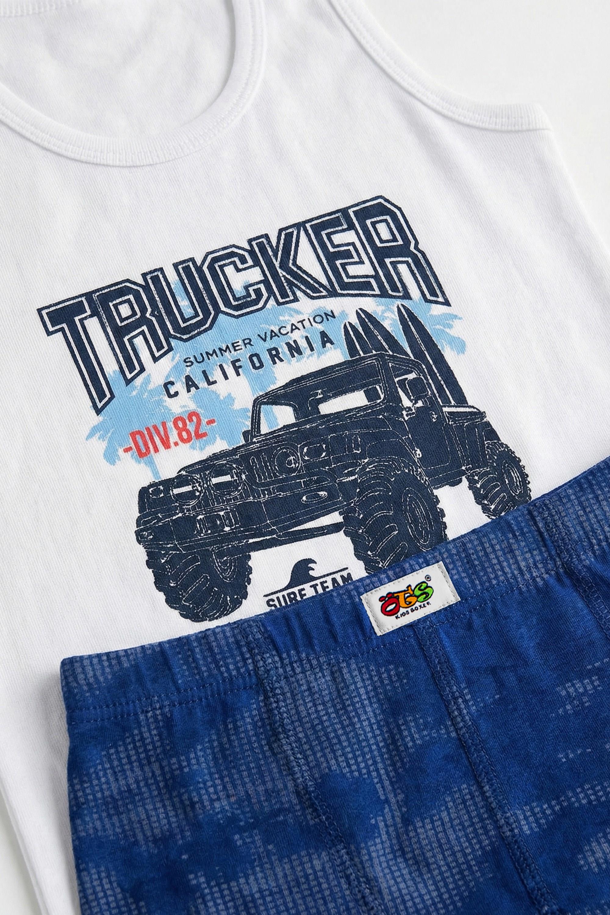Öts Erkek Çocuk Atlet Boxer Likralı Beyaz Trucker (%96 Pamuk - %4 Elastan)