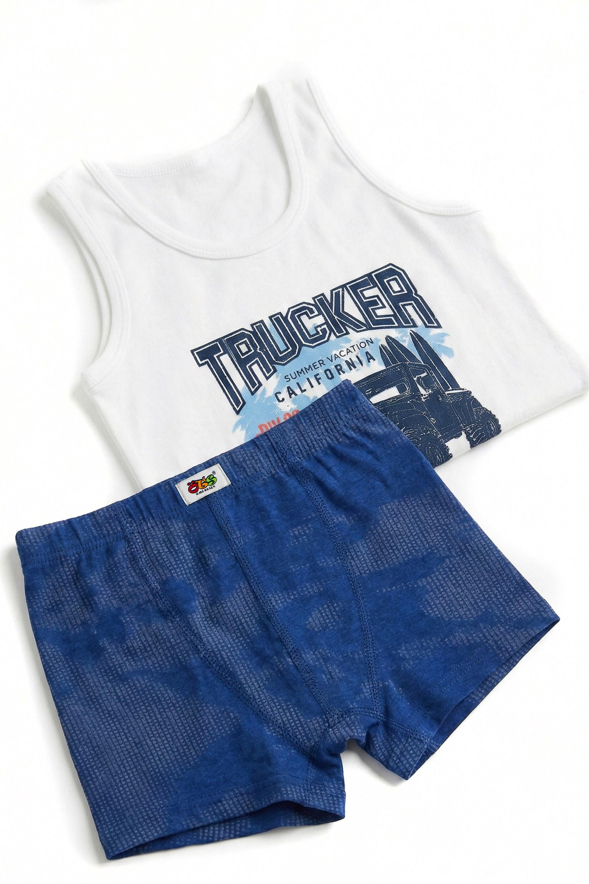 Öts Erkek Çocuk Atlet Boxer Likralı Beyaz Trucker (%96 Pamuk - %4 Elastan)