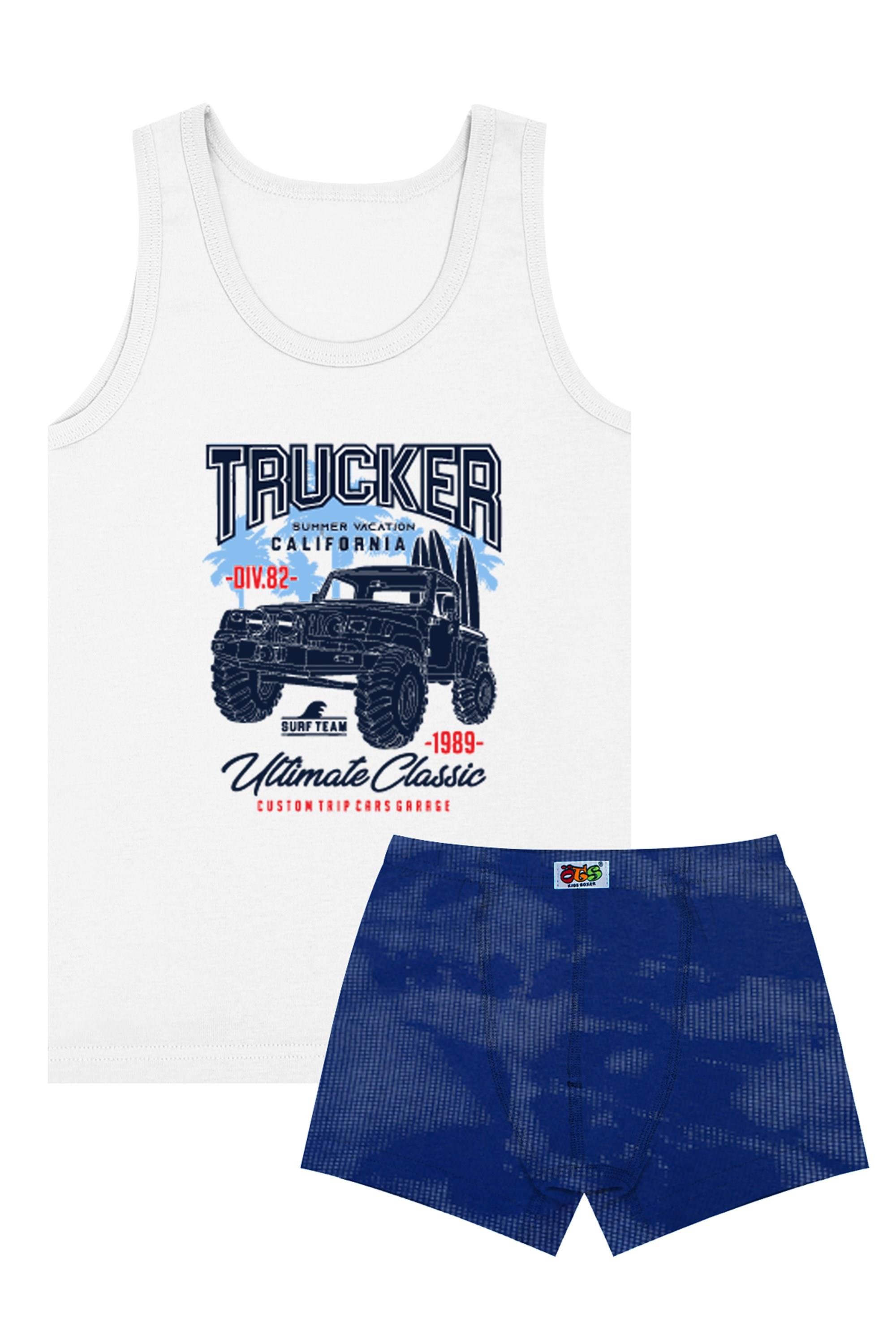 Öts Erkek Çocuk Atlet Boxer Likralı Beyaz Trucker (%96 Pamuk - %4 Elastan)