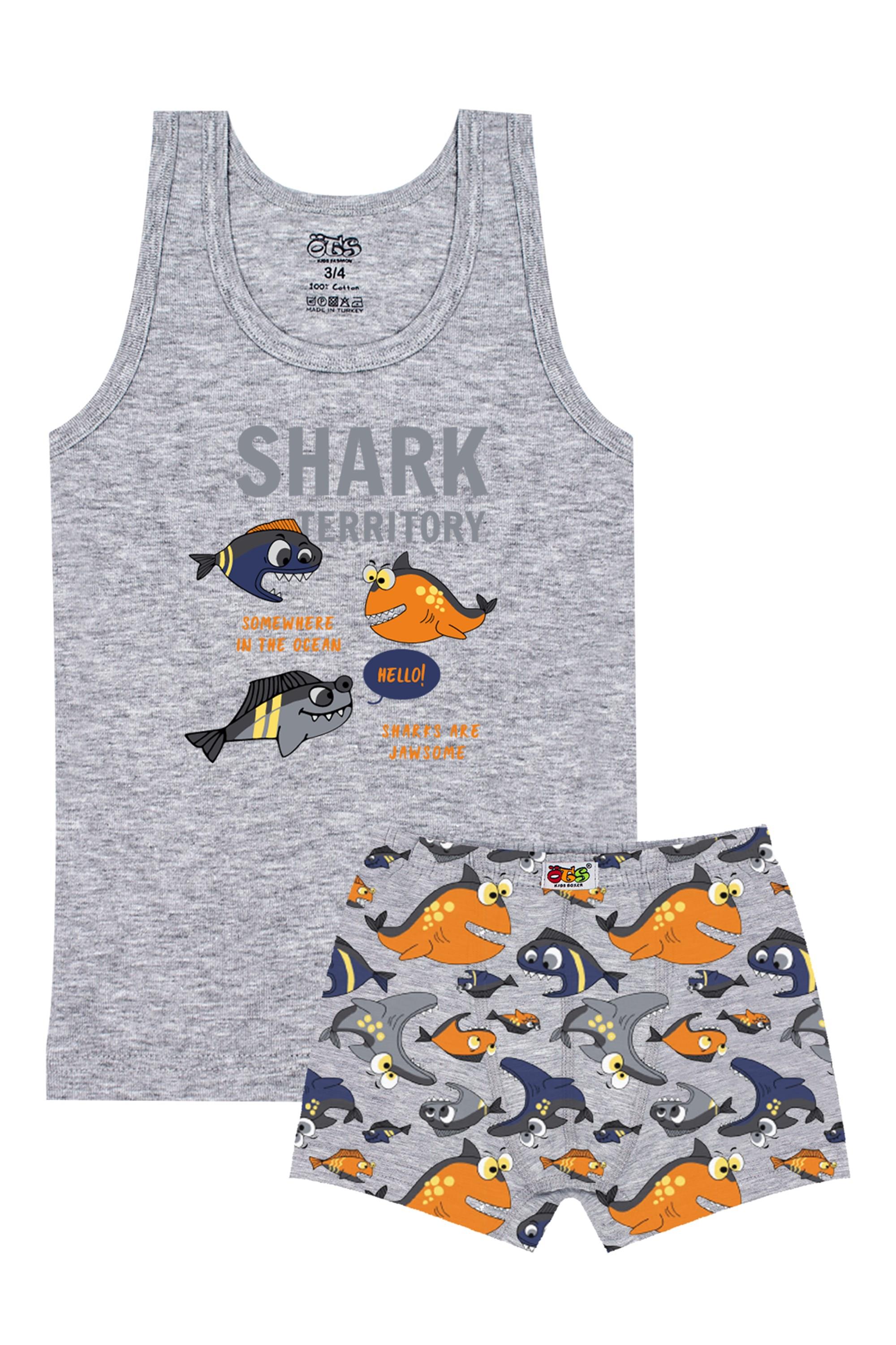 Öts Erkek Çocuk Atlet Boxer Likralı Gri Shark (%96 Pamuk - %4 Elastan)