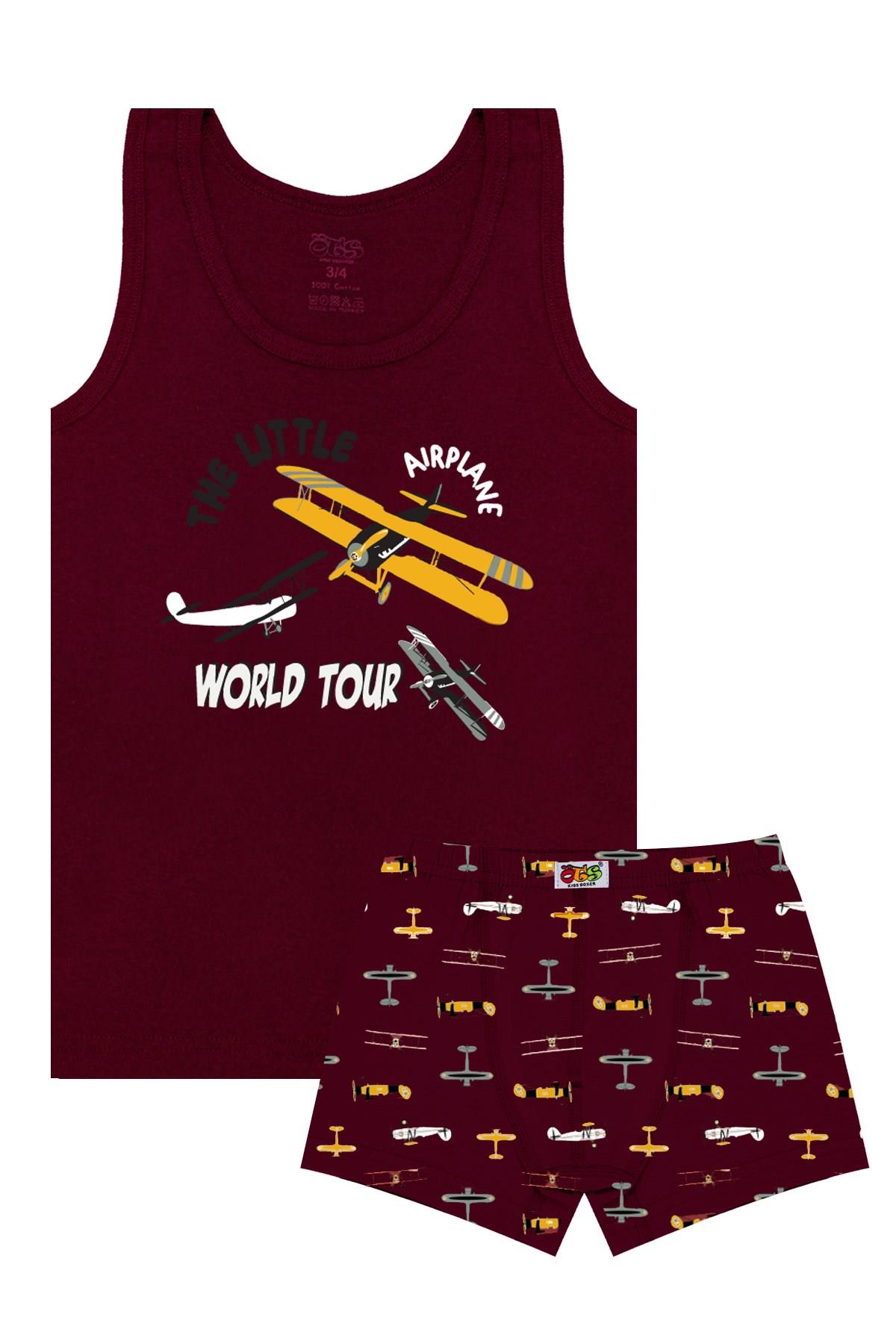 Öts Erkek Çocuk Atlet Boxer Likralı Kırmızı Uçak (%96 Pamuk - %4 Elastan)