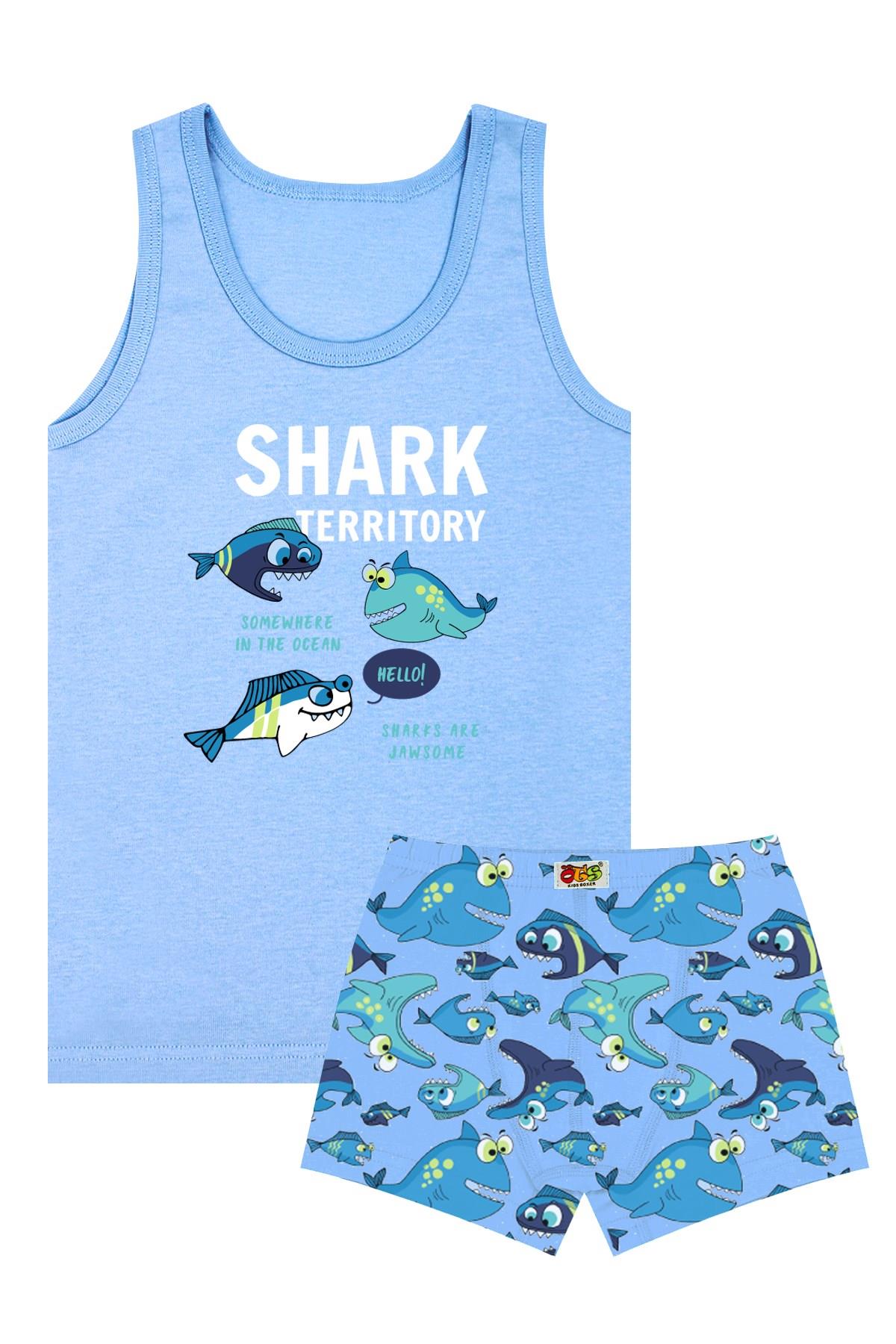 Öts Erkek Çocuk Atlet Boxer Likralı Mavi Shark (%96 Pamuk - %4 Elastan)