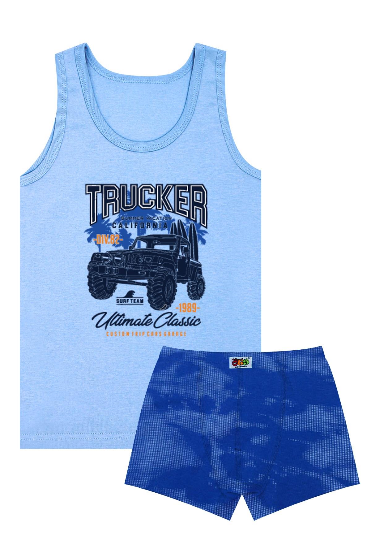 Öts Erkek Çocuk Atlet Boxer Likralı Mavi Trucker (%96 Pamuk - %4 Elastan)