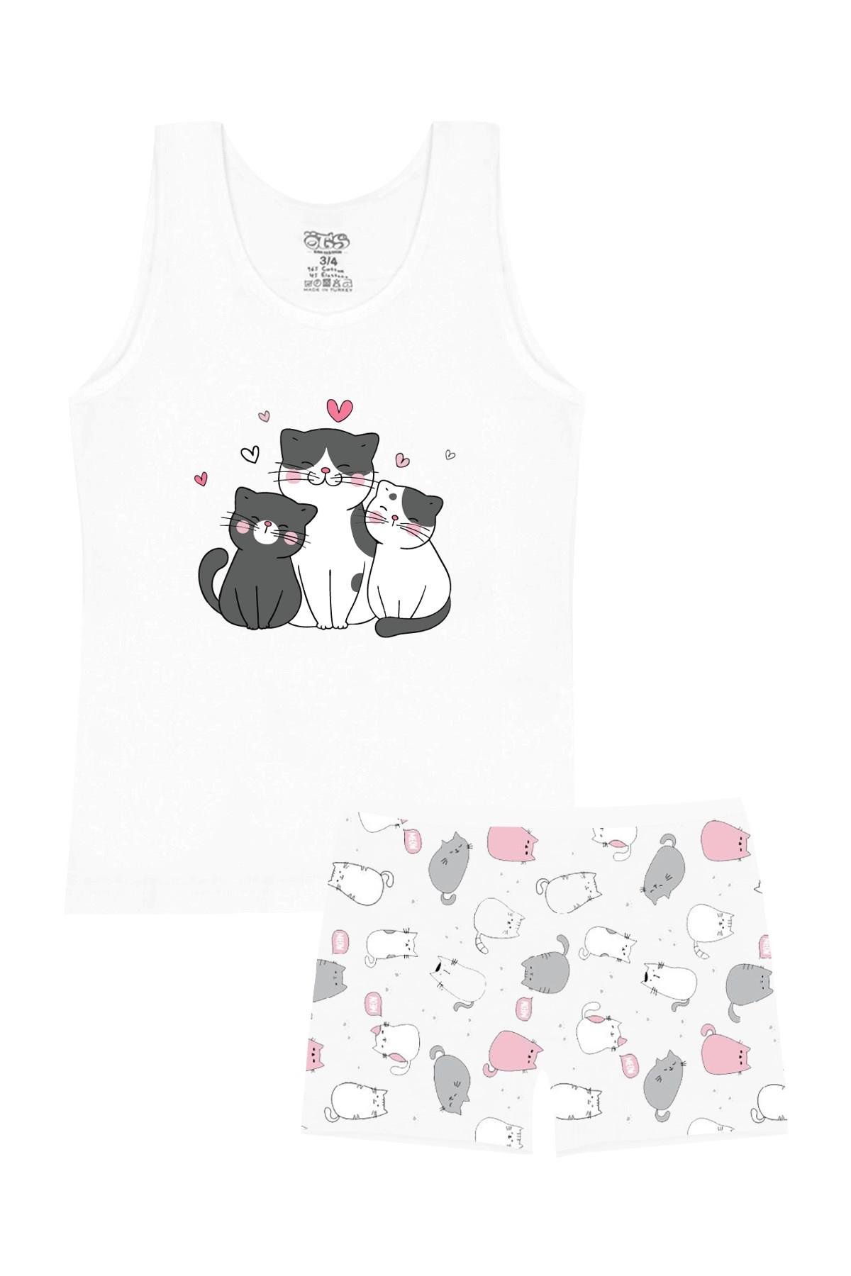 Öts Kız Çocuk Atlet Boxer Likralı Beyaz Kedi (%96 Pamuk - %4 Elastan)