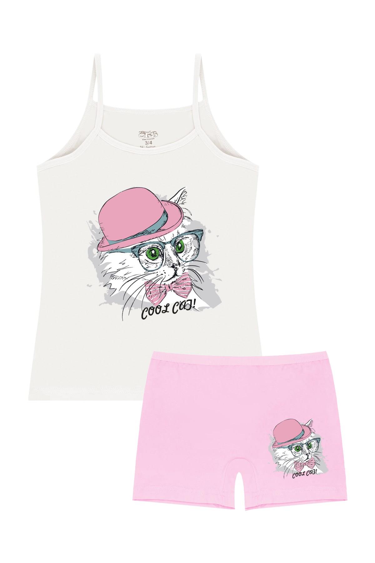 Öts Kız Çocuk Atlet Boxer Likralı Ekru Kedi (%96 Pamuk - %4 Elastan)