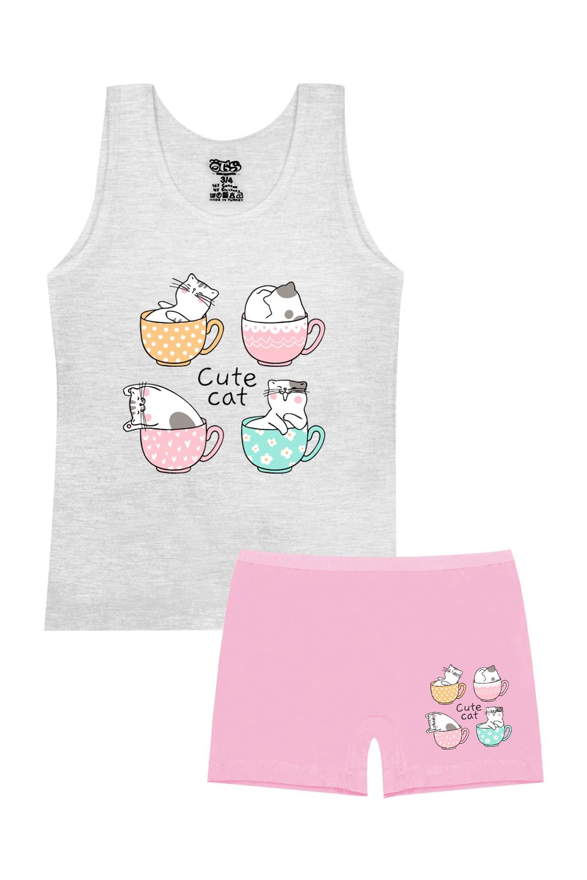 Öts Kız Çocuk Atlet Boxer Likralı Gri Kedi (%96 Pamuk - %4 Elastan)