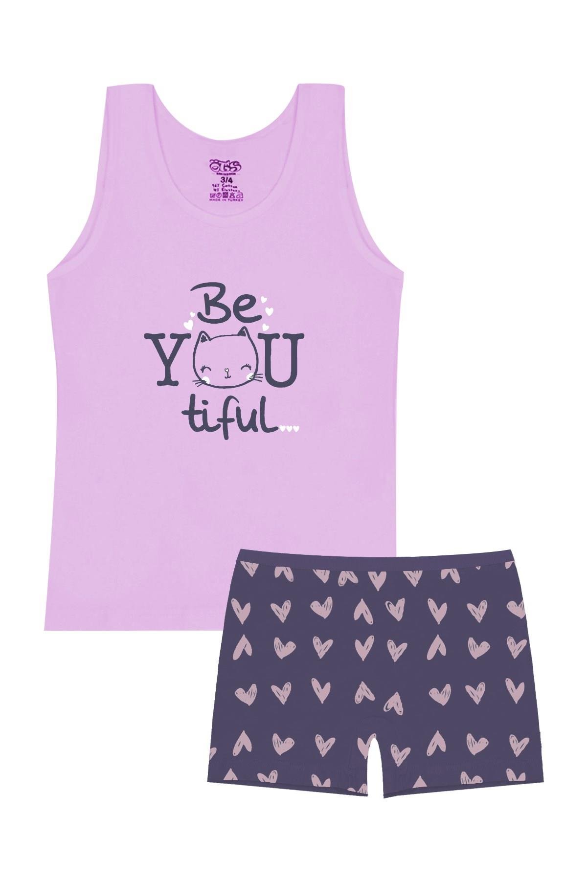 Öts Kız Çocuk Atlet Boxer Likralı Lila Kedi (%96 Pamuk - %4 Elastan)