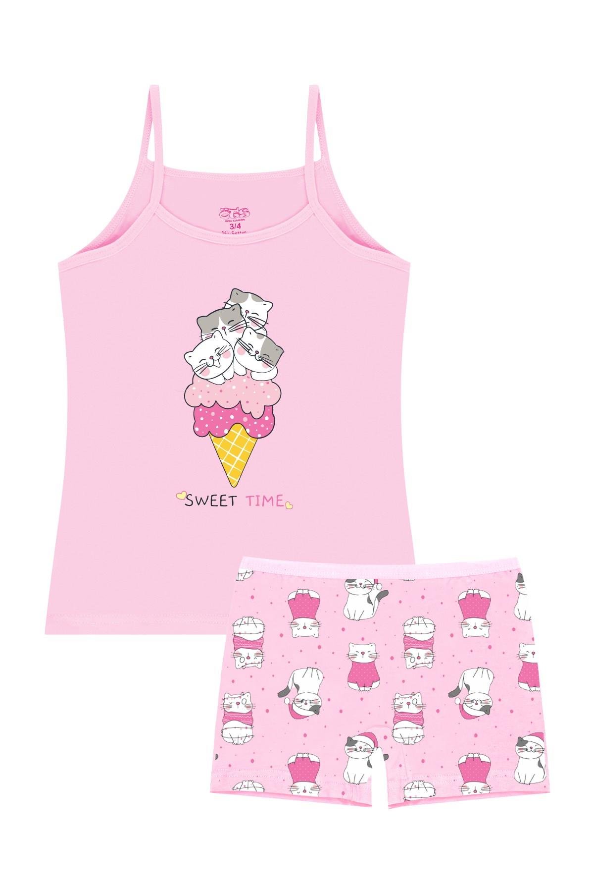 Öts Kız Çocuk Atlet Boxer Likralı Pembe Dondurma (%96 Pamuk - %4 Elastan)