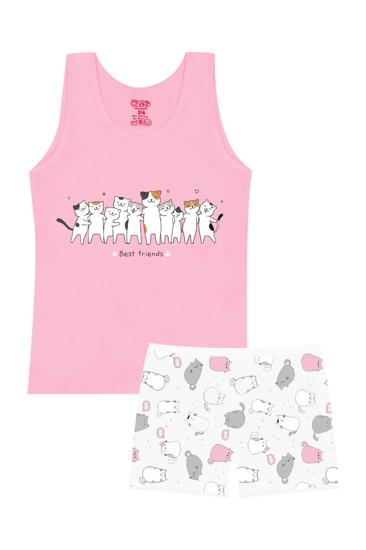 Öts Kız Çocuk Atlet Boxer Likralı Pembe Kedi (%96 Pamuk - %4 Elastan)